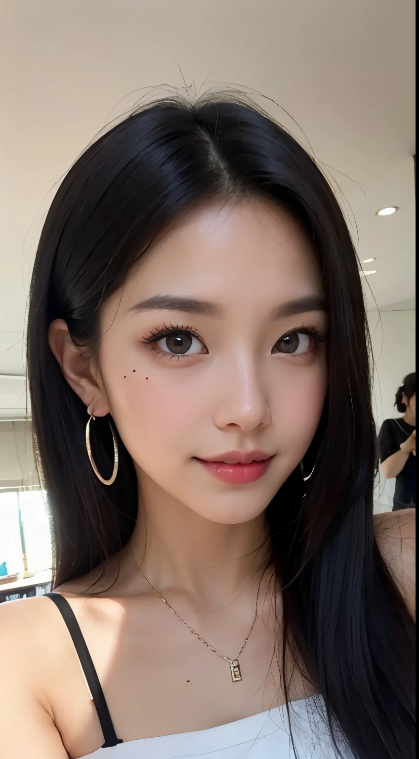 Black hair, hair bobbles, long eyelasher, solid circle eyes, Light smile, Moles under eyes, Heart earrings, Light smile, Shy, puckered lips, surrealism, shadowing, stereograms, angle of view, Atmospheric perspective, Depth of field, first person perspective, f/1.8, 8K, Super detail, ccurate, Best quality, A high resolution, Best quality,full bodyesbian