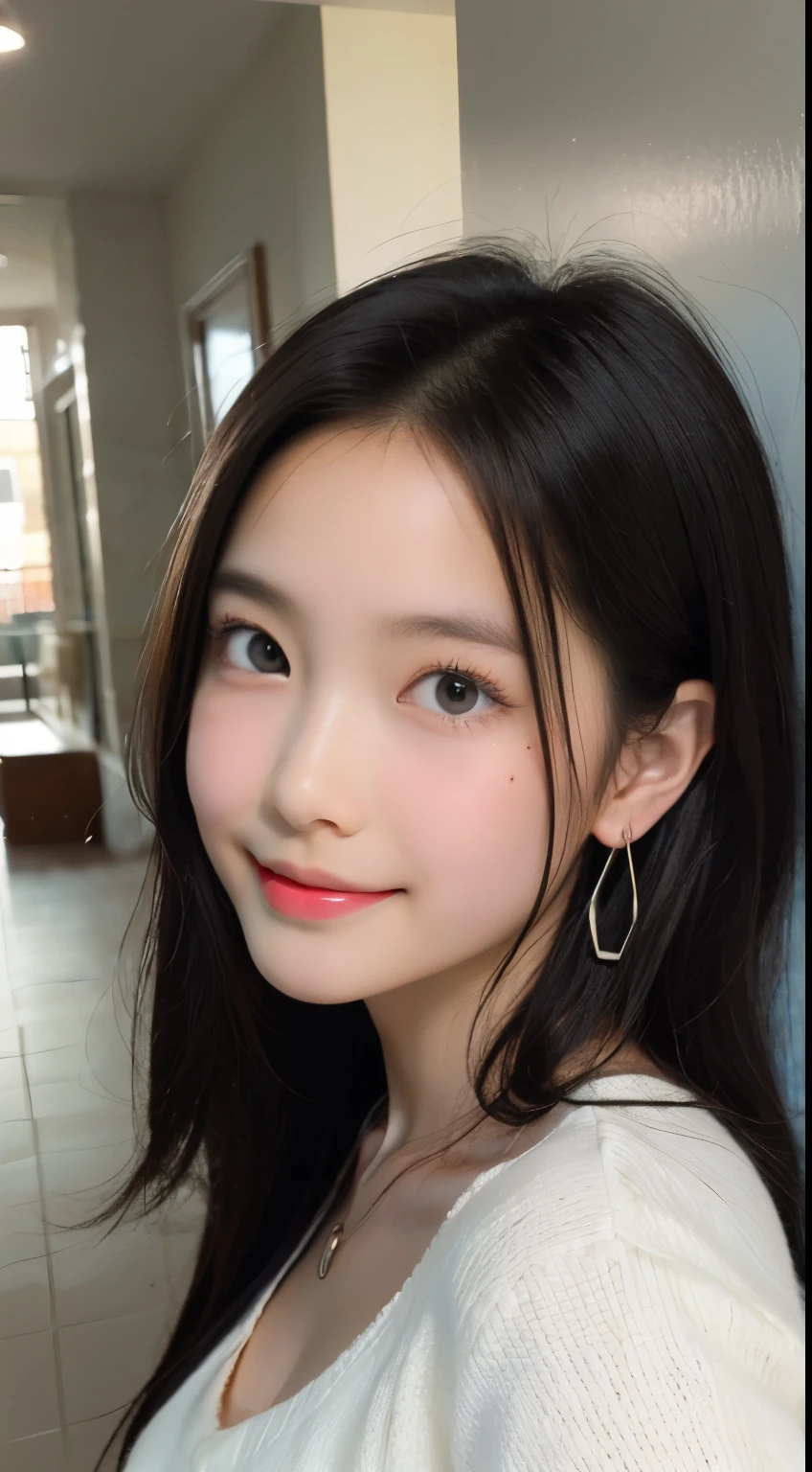 Black hair, hair bobbles, long eyelasher, solid circle eyes, Light smile, Moles under eyes, Heart earrings, Light smile, Shy, puckered lips, surrealism, shadowing, stereograms, angle of view, Atmospheric perspective, Depth of field, first person perspective, f/1.8, 8K, Super detail, ccurate, Best quality, A high resolution, Best quality,full bodyesbian