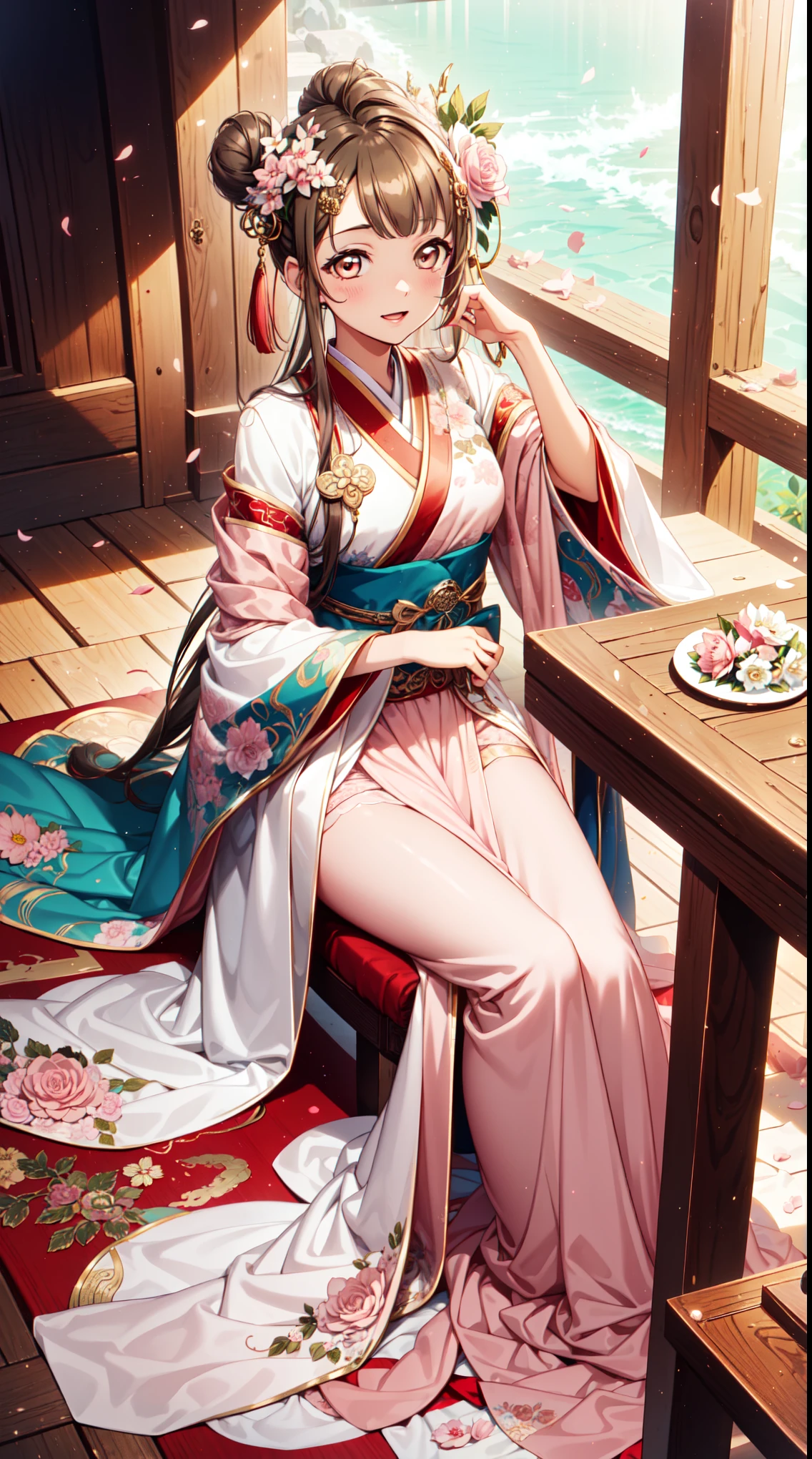 masterpiece,  best quality, seaside, banquet, 1 female,  mature woman , Elegant, Chinese,  Ancient China, elder sister, Imperial sister, Happy, Ball head ,  gorgeous headdress for light brown hair,  light pink lips ,  pink clothes, Yarn Clothing, Intellectuals, Full bangs, Straight bangs,  flower bulbs , Exquisite face ,【Hair Bun