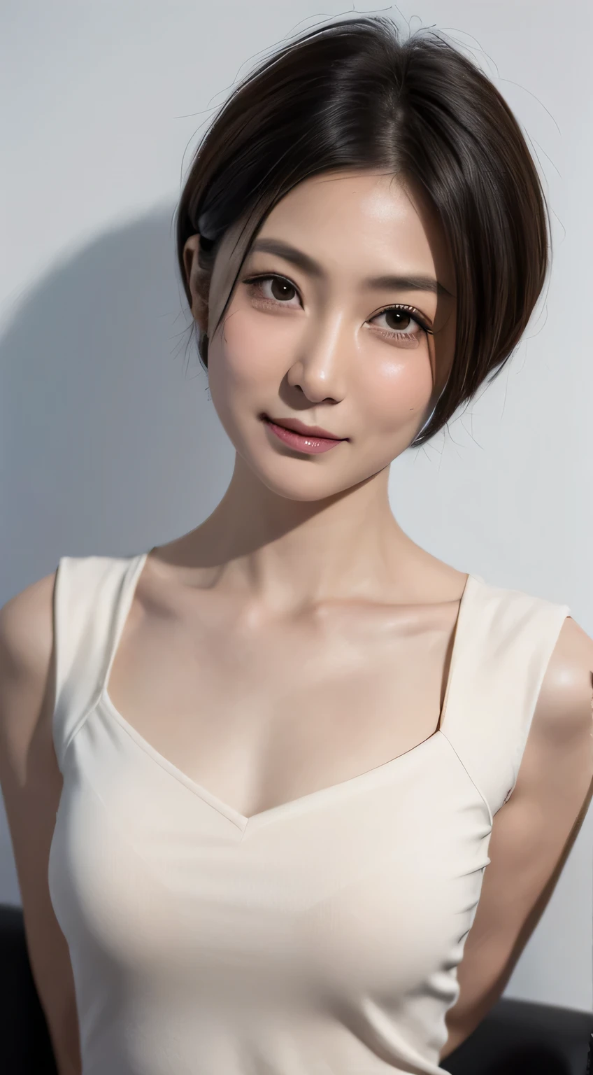 ((best quality, 8k wallpaper,  35 mm lens, highly realistic picture, high resolution, detailed face, detailed skin, master piece)), close up shot, (A beautiful Japanese female housewife is seeing the lens sadly), 30 years old, smaller, small, delicate, Thin face, Striking eyes, Thin eyebrows, (very short bob hair style:1.5), (Severe pain:1.5), Facial wrinkles, (wrinkles between eyebrows), (teary eyes:1.3), Frightened expression, (in a modern office room:1.3), seeing the lens,