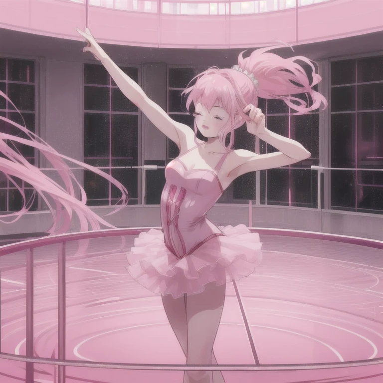 a ballerina with pink skin, pink arms, pink legs, pink body, pink face, pink hair, total naked body, eyes closed, very long hair, dancing on a glass floor