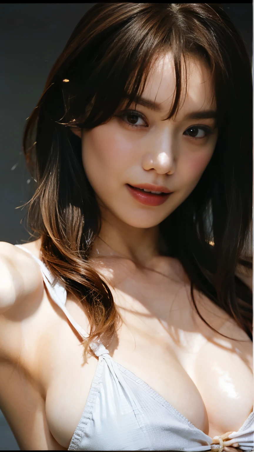 masterpiece, best quality, ultra-detailed, extremely detailed, 4K, 8K, best quality, beautiful, bokeh feeling, a pretty woman, japanese woman, solo, office, building, esthetician, (highlights hair), beautiful brown eyes, beautiful eyes, long hair, large breast, ((the look waiting for a kiss)), exposed cleavage, (almost showing nipple), (hands on chest), sexy poses,