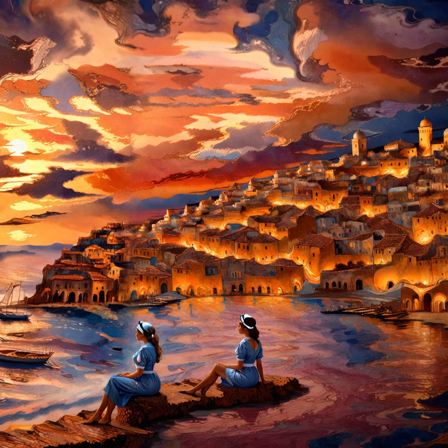 xlomrblng Surrealism, magnificent xlmrblng15-1300 nurse sitting in a Mediterranean town at night, sunset, very detailed, intricate, (stormy:1.21), hot color palette 