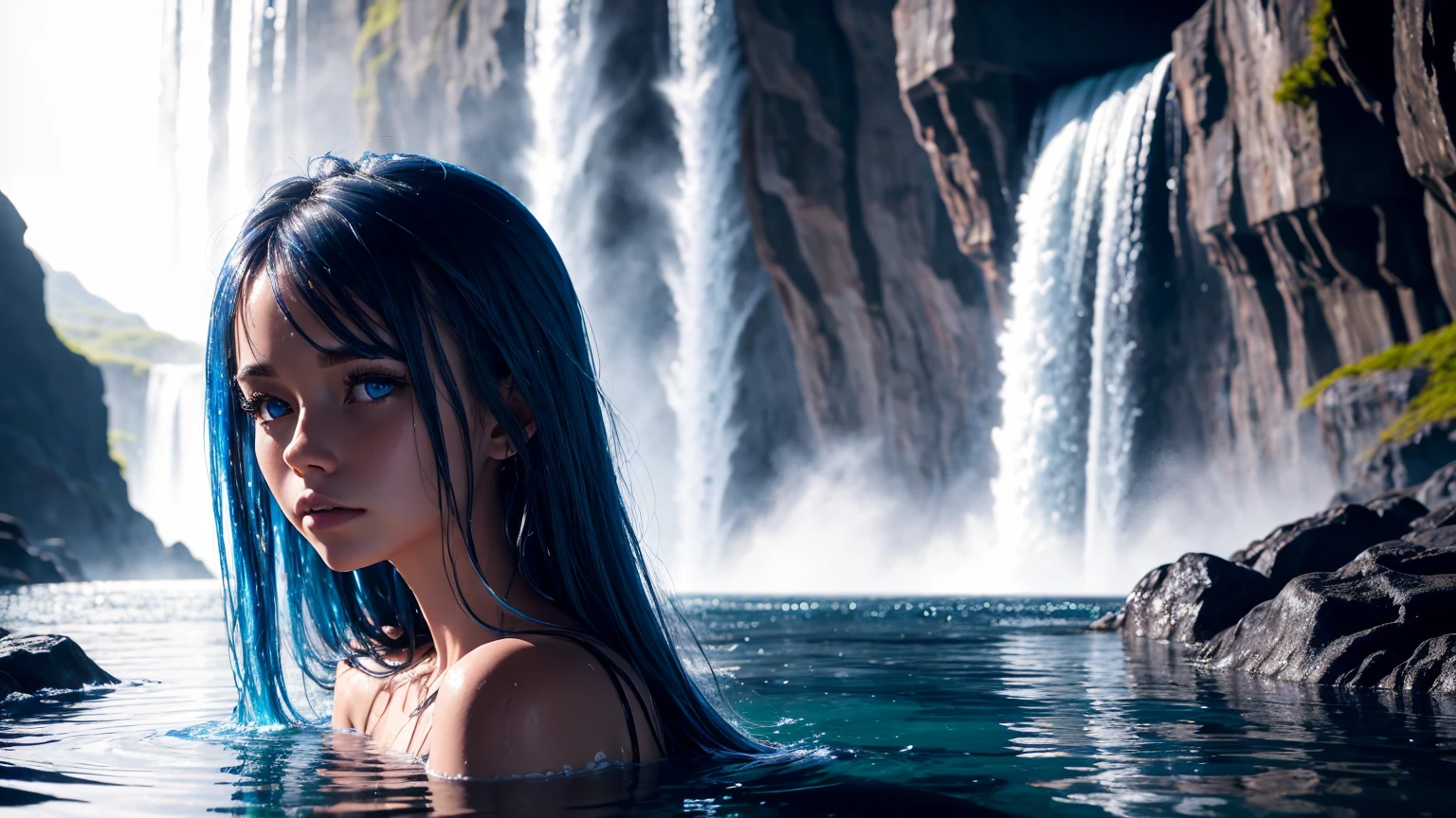 (CG Unity 8k wallpapers are very detailed, masterpiece, top quality, super detailed), (best lighting, best shadows, dynamic poses), black hair long, wet hair, drenched hair, dripping water, shiny hair, struck by waterfall