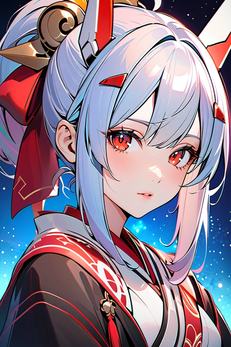 masterpiece，Best Quality，8k， detailed skin textures， Detailed Fabric Texture ，Beautifully detailed face， intricate details ，Ultra-detailed，Portrait of Rei Ayanami，Blue Hair，Red colored eyes， black headgear on the head,Pixieカット，Shining Skin Hair Ornaments,Gold Hair Ornament,Red colored eyes、Blue starry background,Shooting star in the sky,Front of face, Wizard's Robe ,One person,Shrine Maiden&#39;s Clothing,Black Robe、 Pixie、Black headband、Red Eye、