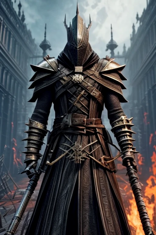 a cage attached to his head，Metal head armor （ something like a column like a cage with hexagonal metals stacked vertically（1.5））Wear （1.4）、It's black and rusty、 shot from her shoulder , Bloodborne