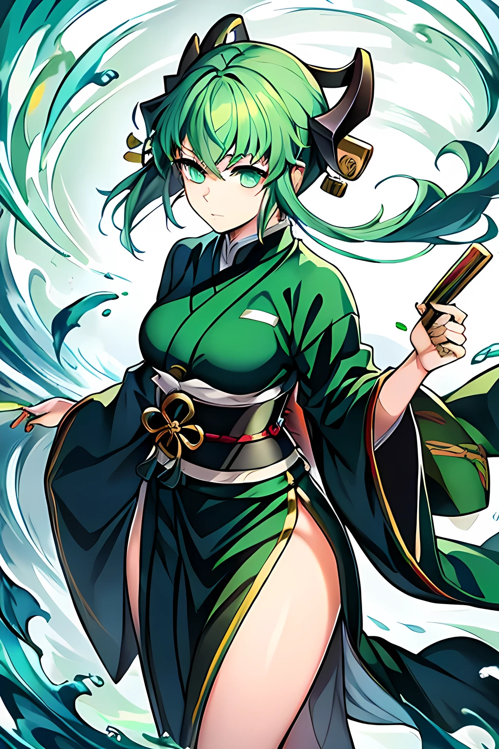 Demon slayer, woman with short spikey light green hair, hazle eyes,  wearing a bamboo pattern haori, and a short green kimono 