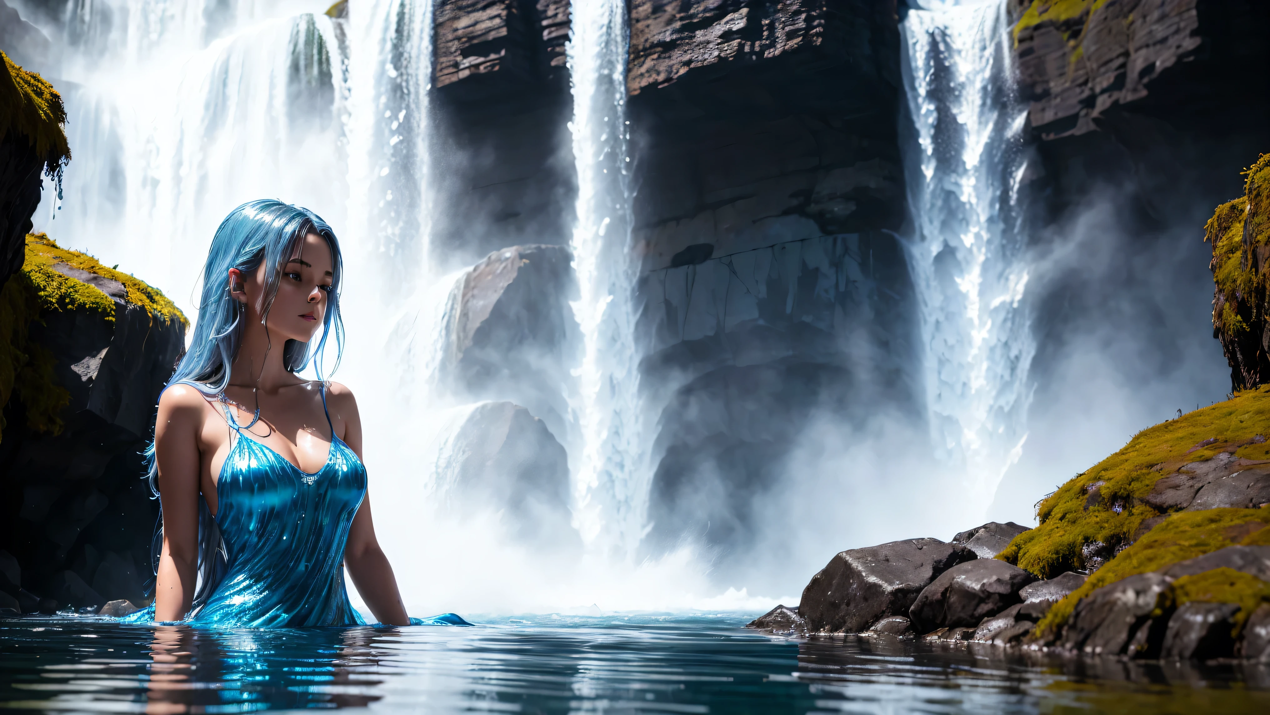 1girl, female water spirit, silver blue colored hair,
inside a dark cave, with waterfalls in the background. spring water inside, water on the skin,
ethereal atmosphere, dust particles, steam rising on the water. mist surrounding the subject.
The girl kneels in the water. flat chested,. long flowing dress, glistening like mermaid skin, see through with the wetness, perfect body,
highest quality image, 32K. Dynamic pose. seductive expression, her hands on her body.
dark night scene, low key lighting, backlight, beautiful lighting elements, reflection from the water. waterfalls in darkness in the background.
atmospheric, beautiful, moody, peaceful.