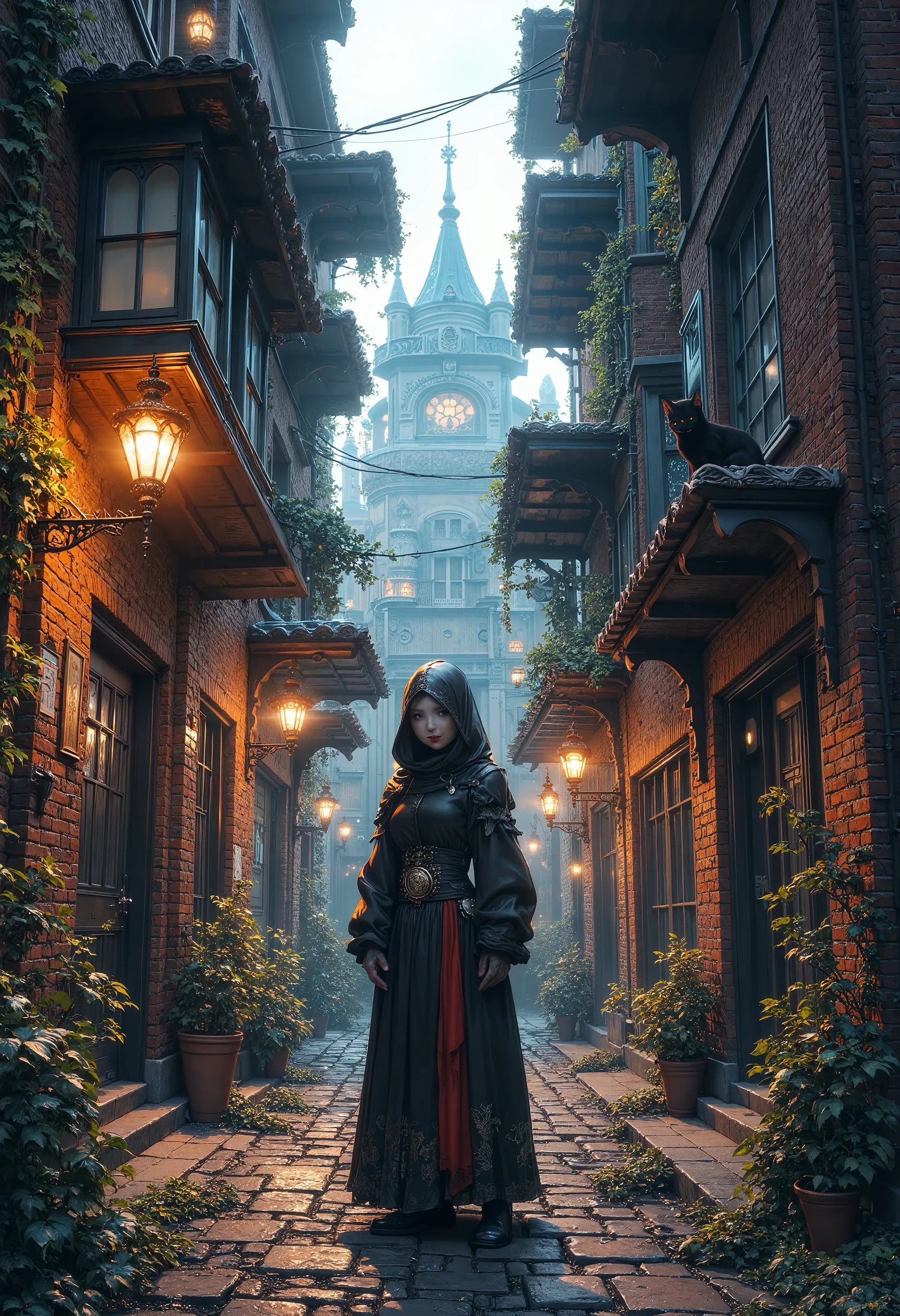 a mysterious alley, cobblestone street, fog rolling in, old gas lamps, weathered brick walls, ivy crawling up the sides, a black cat sitting on a windowsill, flickering shadows, a hooded figure in the distance, (best quality,4k,8k,highres,masterpiece:1.2),ultra-detailed,(realistic,photorealistic,photo-realistic:1.37),cinematic lighting,moody atmosphere,rich colors,dark fantasy