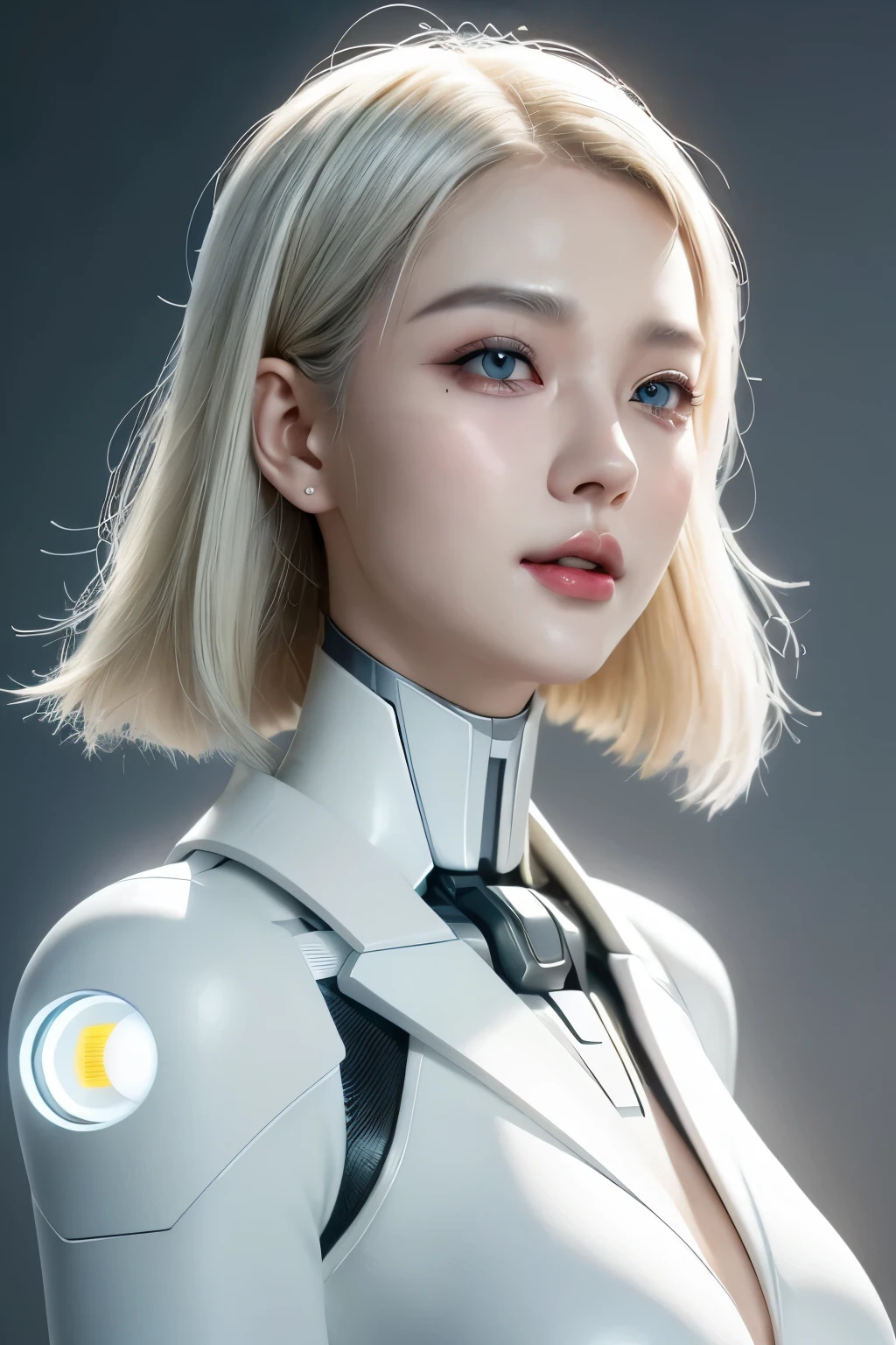 《The role of artificial intelligence》。（（（Virtual character design：Psychological counselor。miss，20 years old，white short hair，Exquisite facial features，beautiful make up，Skin details，Smile）））。（（white suit））。((Super realistic details))。 illumination, light and shadow, octane rendering, 8k, super sharp,complicated, Accessory details,atmosphere