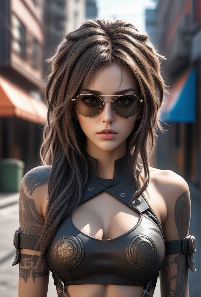 a hyper realistic ultra detailed photograph of a futuristic beautiful barbarian woman wearing sunglasses at a dystopian city, tattered outfit with rusty metal armor plates, long wild hair, tattooed hands and body, fashion pose, detailed symmetric beautiful hazel eyes, detailed gorgeous face, apocalyptic environment, exquisite detail, 30-megapixel, 4k, Canon EOS 5D Mark IV DSLR, 85mm lens, sharp focus, intricately detailed, long exposure time, f/8, ISO 100, shutter speed 1/125, diffuse back lighting, award winning photograph, facing camera, looking into camera, monovisions, perfect contrast, High sharpness, facial symmetry, depth of field, ultra-detailed photography, raytraced, global illumination, TanvirTamim, smooth, ultra high definition, 8k, unreal engine 5, ultra sharp focus, award-winning photograph, trending on artstation