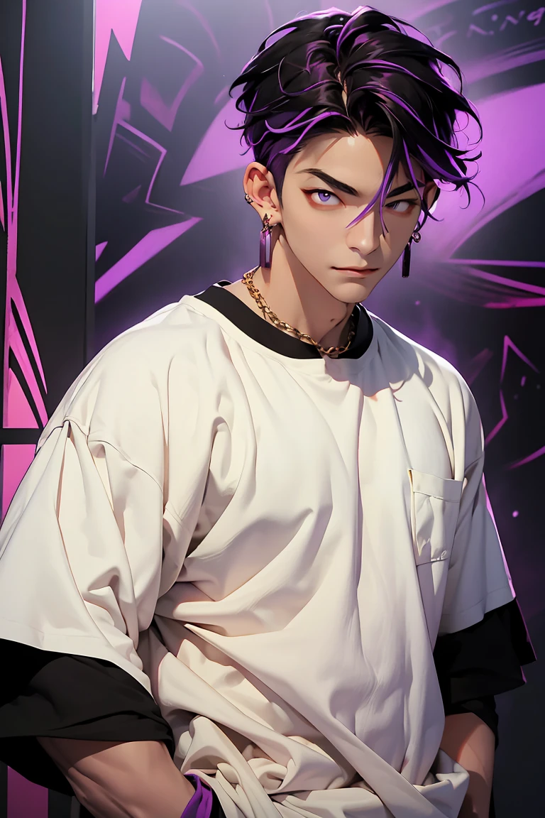 highest quality, 8K, high resolution image, anime style Jujutsu Kaisen, (Iori_suiseki), detailed strokes, bored look , blurred, purple light reflecting from it, 1 man, young, male, model, hand in pocket, cool guy, multicolored Background with various geometric shapes, around stickers, muscular,Black hair, purple eyes, multicolored hair, purple hair, hair between eyes, highlighted hair ,swollen chest,  He is wearing a big white t-shirt and black sweatpants, gold link chain, Hand in the Pocket, Background: big City, he's in a sports station, there are sports fans everywhere, ((upper body))