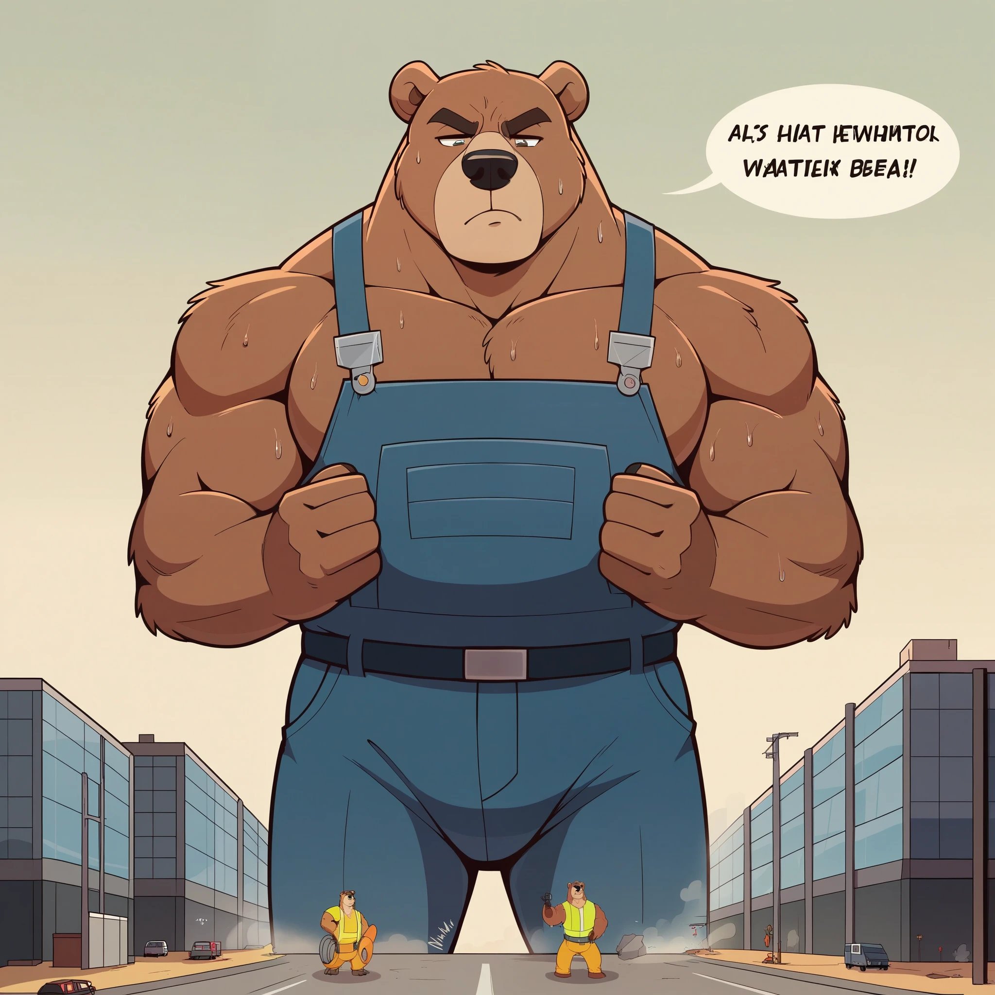 Fuzzy, carry, grizzly bear seam, man, muscular, fit, construction worker , Safety vest , shirtless, bare chest, very tight strings , white strings , large strings bump , sweaty thongs, sweaty, exhausting excitement , looks serious , look grumpy , standing, (Massiv:3.0, ( heavyweight ,stark,Macro, Emphasize )), background(( Building , Raise little speech ,the little sparks, the crack in the road )), Low perspective shot