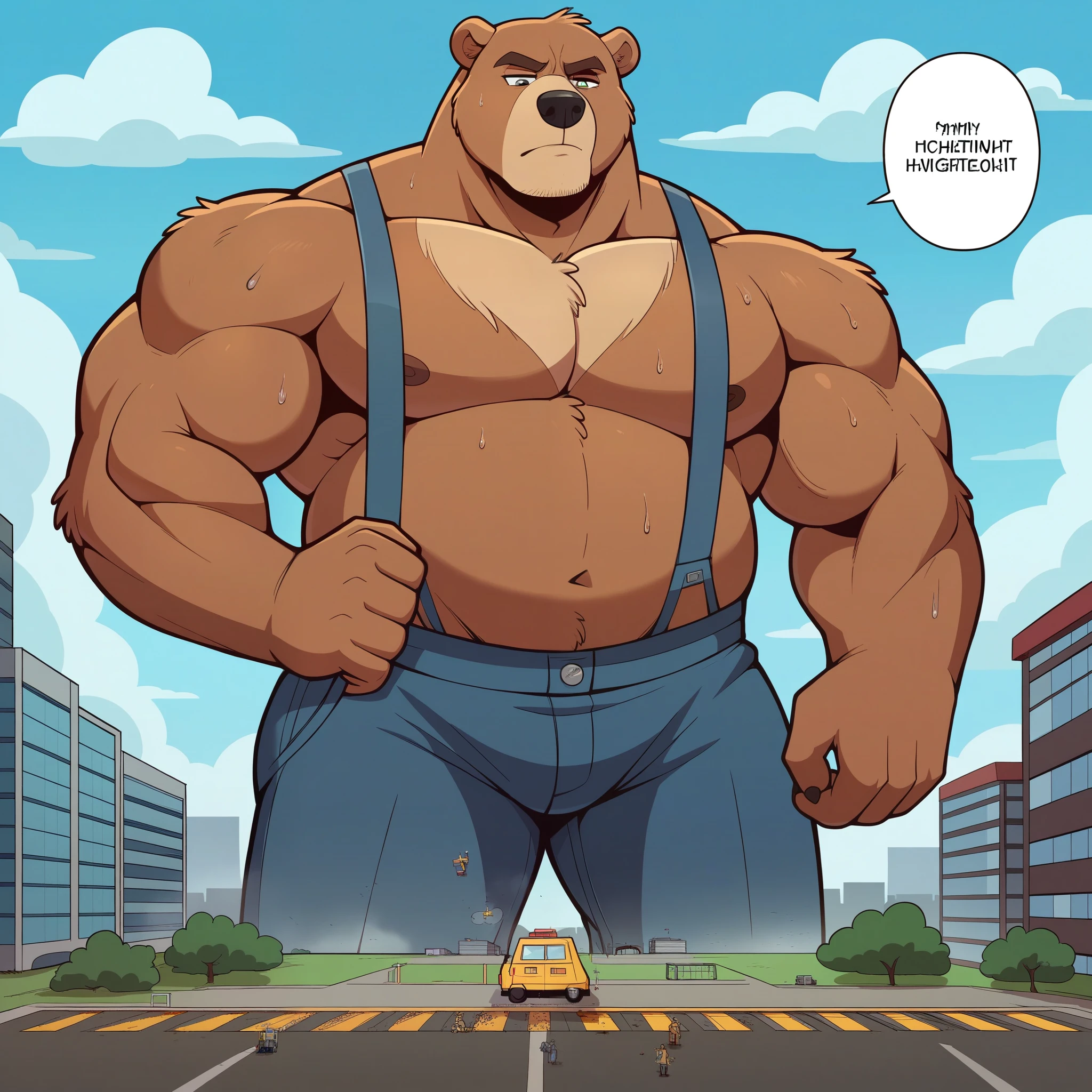 Fuzzy, carry, grizzly bear seam, man, muscular, fit, construction worker , Safety vest , shirtless, bare chest, very tight strings , white strings , large strings bump , sweaty thongs , exhausting excitement , looks serious , look grumpy , standing, (Massiv:3.0, ( heavyweight ,stark,Macro, Emphasize )), background(( Building , Raise little speech ,the little sparks, the crack in the road )), Low perspective shot