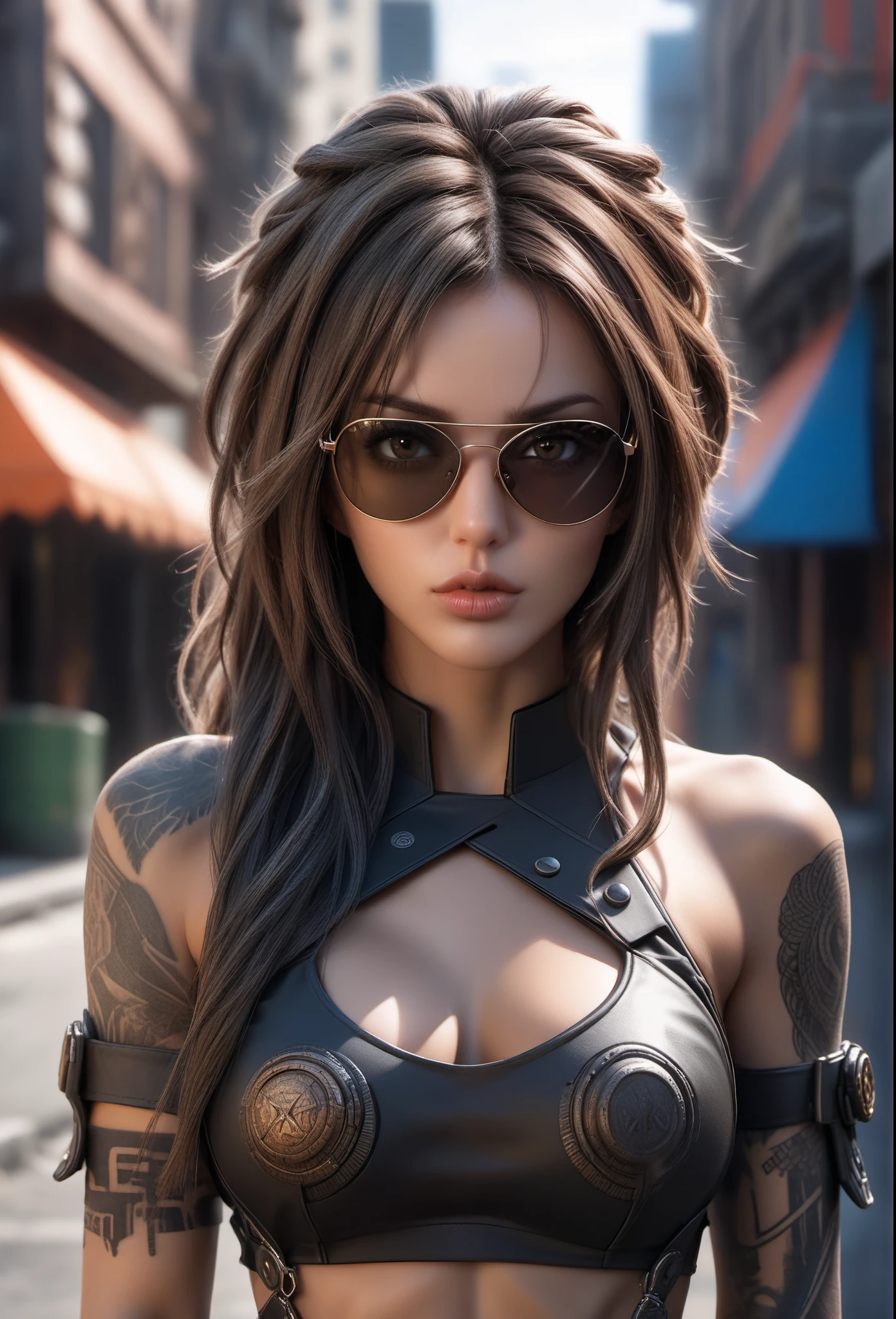 a hyper realistic ultra detailed photograph of a futuristic beautiful barbarian woman wearing sunglasses at a dystopian city, tattered outfit with rusty metal armor plates, long wild hair, tattooed hands and body, fashion pose, detailed symmetric beautiful hazel eyes, detailed gorgeous face, apocalyptic environment, exquisite detail, 30-megapixel, 4k, Canon EOS 5D Mark IV DSLR, 85mm lens, sharp focus, intricately detailed, long exposure time, f/8, ISO 100, shutter speed 1/125, diffuse back lighting, award winning photograph, facing camera, looking into camera, monovisions, perfect contrast, High sharpness, facial symmetry, depth of field, ultra-detailed photography, raytraced, global illumination, TanvirTamim, smooth, ultra high definition, 8k, unreal engine 5, ultra sharp focus, award-winning photograph, trending on artstation