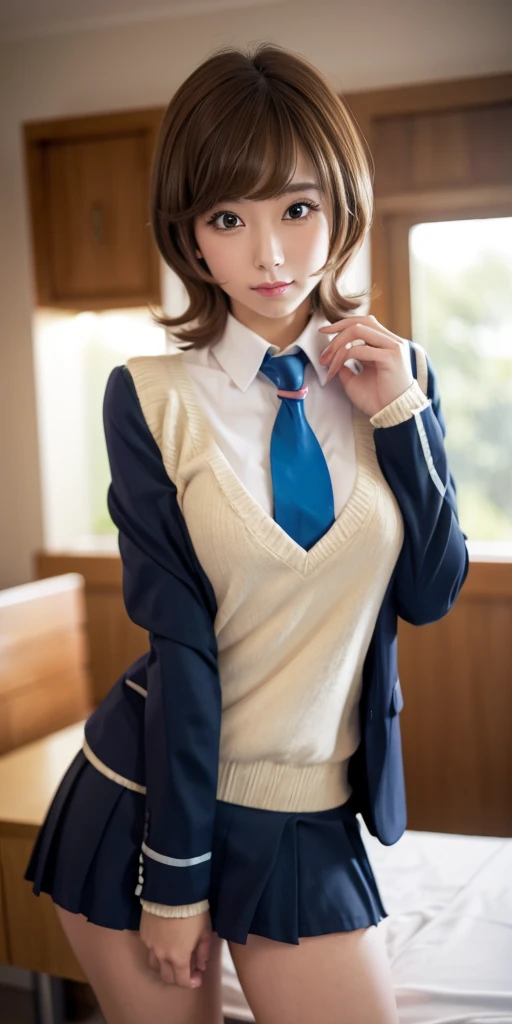 1 Female,High definition,high resolution,Ultra-realistic,8K, hmza, short hair, antenna hair, brown eyes, school uniform, blue necktie, yellow shirt,black jacket, long sleeves, black skirt,tight skirt, miniskirt, large breasts, brown shoes,large breasts,European,sexy,Upper body close-up,Photographed from the front,Dynamic Angles,private teacher,A little sheer underwear,blue underwear,blush, big  ,(top view),(full body), perfect face,cute face 