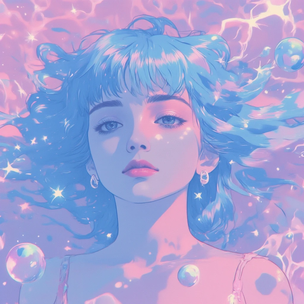  1 girl, Alone,  color style 11 texture effect image ,Sparkling effect,Soft colors, beautiful gradation ,The background color is style 11 、 this is a vivid underwater scene ,  pinkish blue sea with bubbles rising to the surface of the water. RISOGRAPH