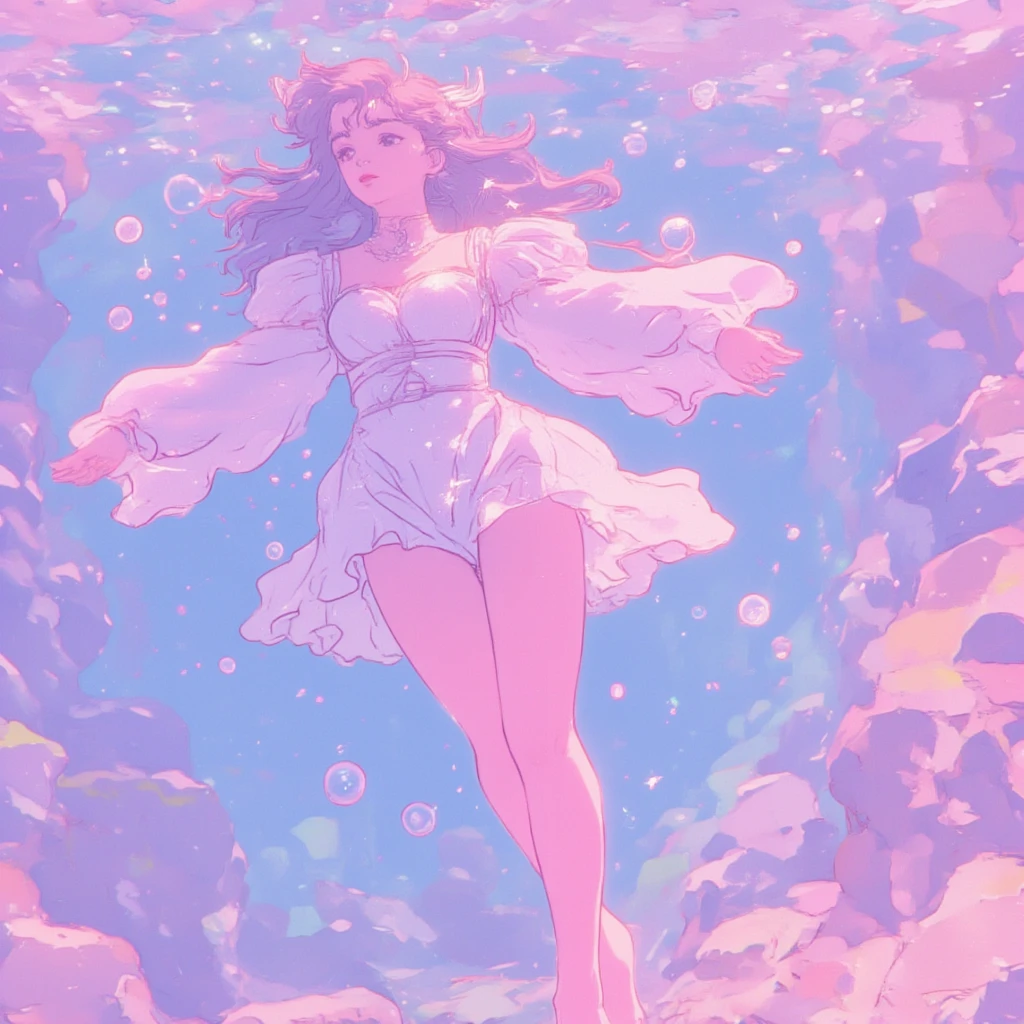  1 girl, Alone,  color style 11 texture effect image ,Sparkling effect,Soft colors, beautiful gradation ,The background color is style 11 、 this is a vivid underwater scene ,  pinkish blue sea with bubbles rising to the surface of the water. RISOGRAPH