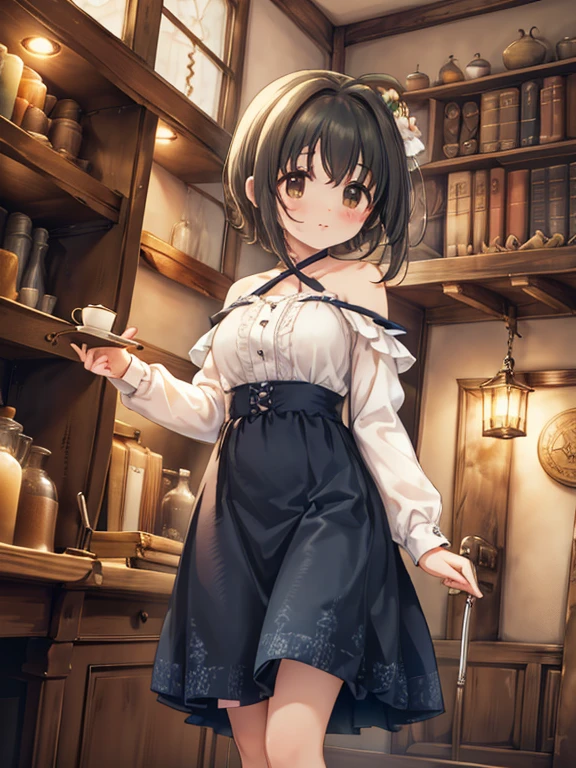 masterpiece, Best Quality,  very detailed, 16k,  ultra high resolution, cowboy shot,   detail face  , Perfect fingers,  woman,  blackいeye,  blackhair ,  shortcuts ,  ( blue apron dress:1.2,  white blouse:1.2,  flared skirt showing right shoulder:1.2, drawer:1.2, black shoes:1.2), Gorgeous Western-style building, library, Bookshelf, table, Black tea, cake, From below:1.5, (Perfect hands,  perfect anatomy ),, five fingers,Ahoge, 前hair, ,, brown_eye, black_hair, day,
