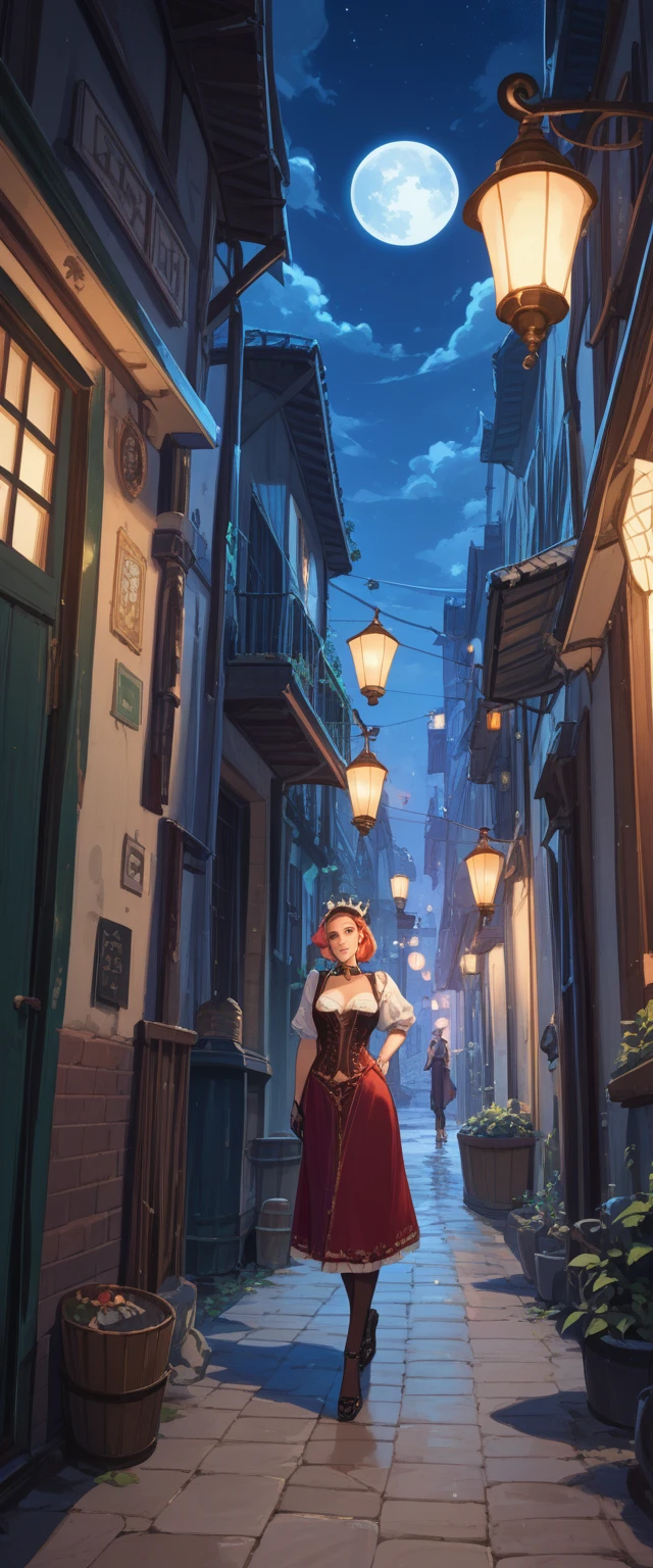 Long narrow alley in set in a fantasy city. At night, moon lit night. 