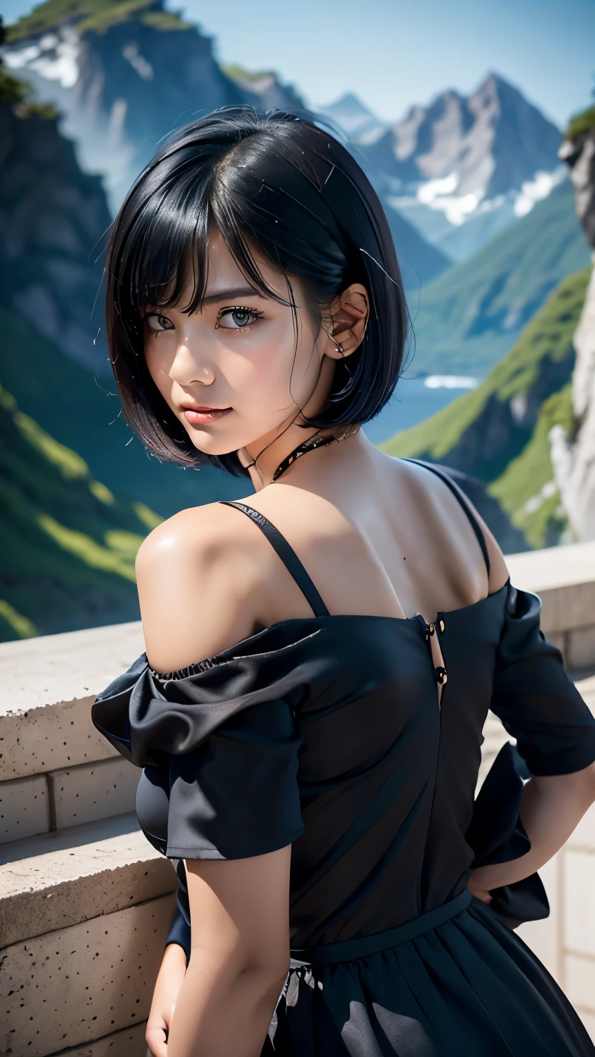 best quality, 1 Girl, dark blue hair, black eyes, Very short hair, Spiky hair, wears sweet brow dress luxury，A cropped dress, 171 cm, Messy hair, Hair between the eyes, Tomboy, aldult, 20 years old, A sweet girl by the mountain
