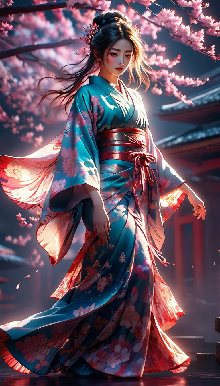 a beautiful goddess of dance in japanese mythology, 1girl, intricate detailed kimono, detailed beautiful face, long hair, graceful pose, dancing, cherry blossom petals, dramatic lighting, glowing aura, digital art, highly detailed, cinematic, vibrant colors, photorealistic, masterpiece