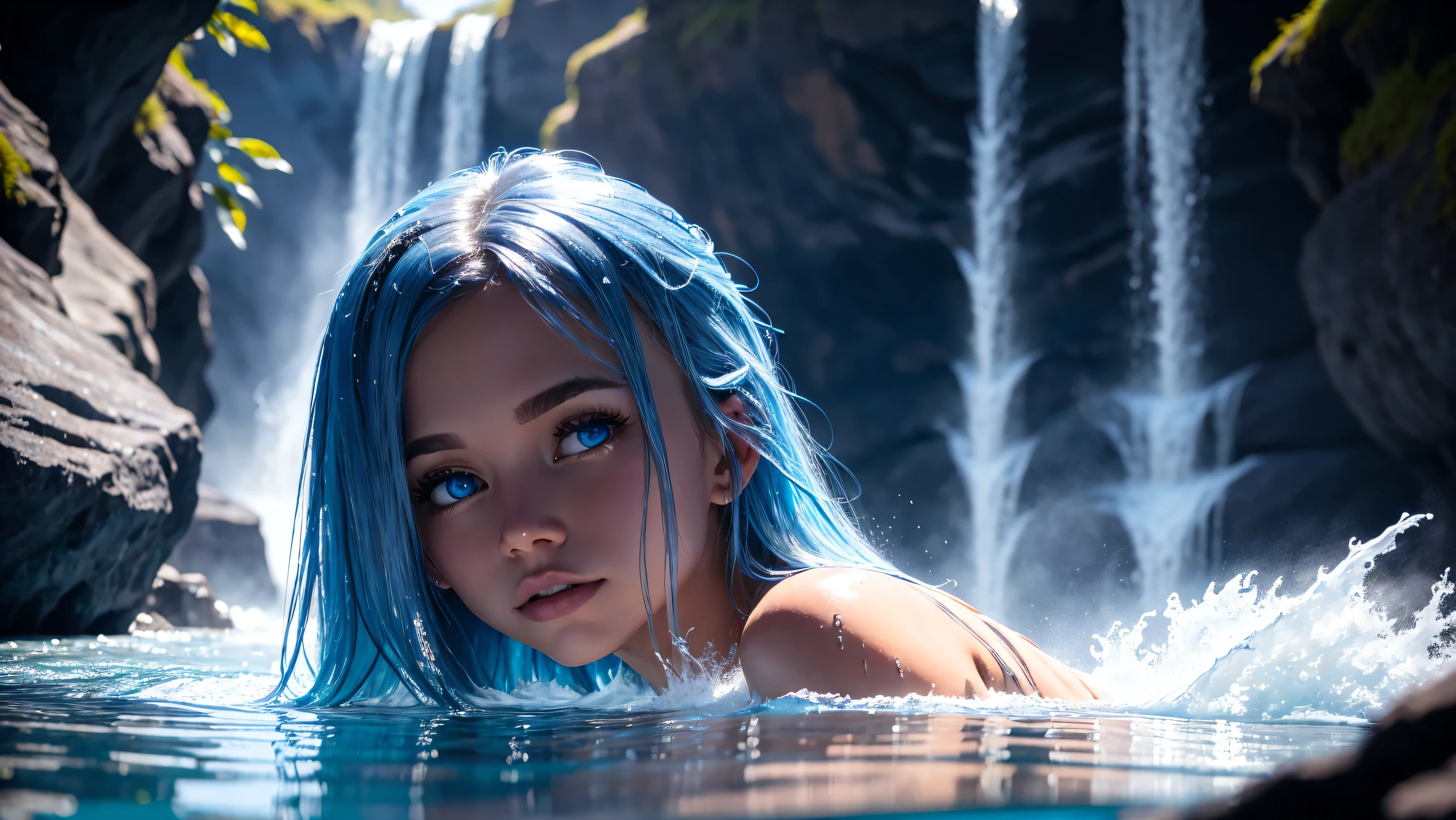 {-erro_de_anatomia:1.0} There is a white unicorn girl, blue mane and long mane, white unicorn, unicorn, unicorn horns, A unicorn, celestia, Nine stories, blue unicorn, soft dreamy, cinematic light《fangs》Unicorn in, mythological creatures, a mythical creature, Pokémon illustration, unicorns, a glaceon princess, white dress, opal eyes. Auroracore, ghostly iridescent, image good for rendering, sitting on the water, unicorn girl, full body.