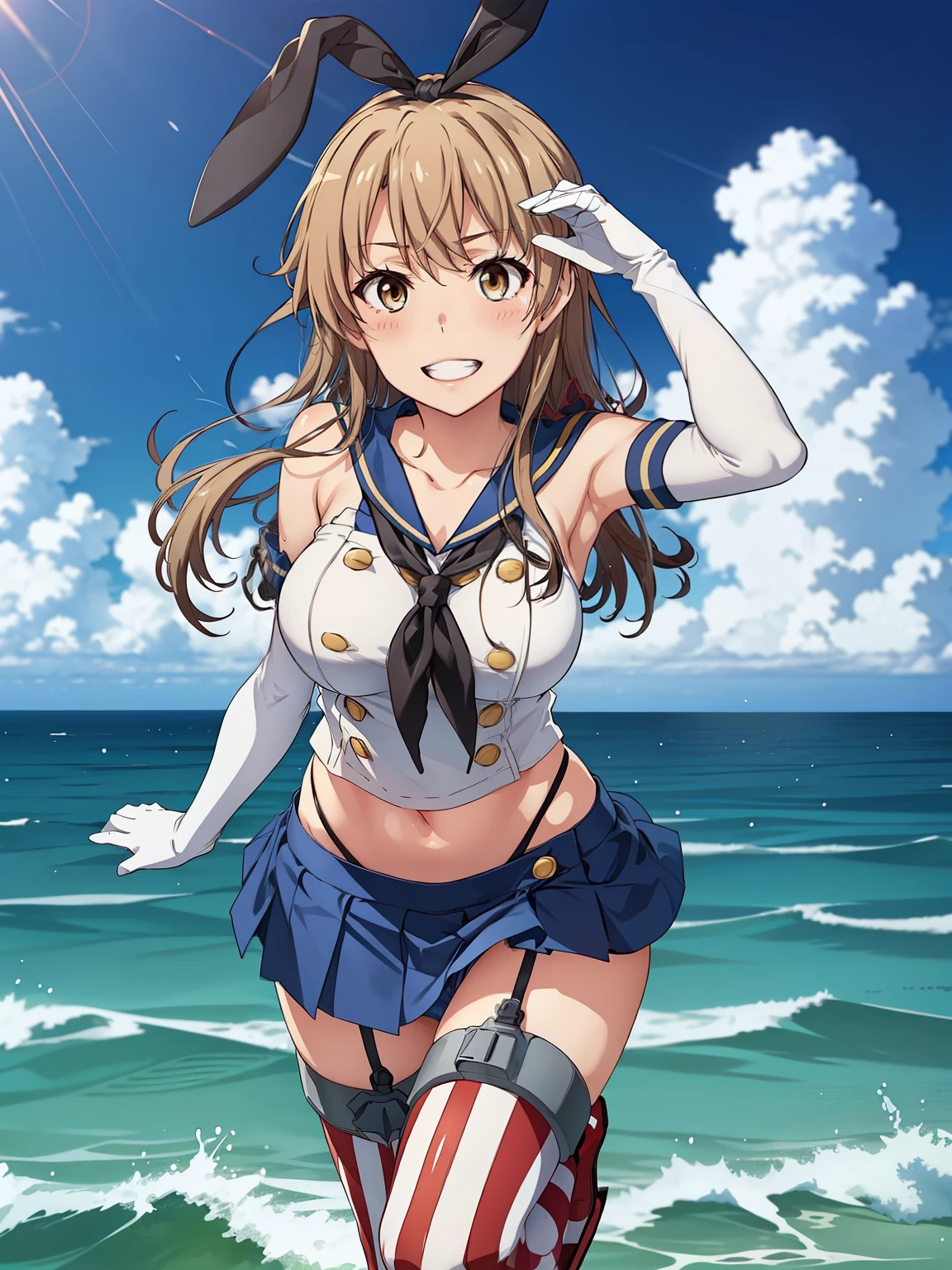 ((Best Quality, high definition, perfect pixel, 4K)), ( Beautiful Anime Girls ), depth of field 、
isshiki iroha、 (Big Breasts)、
shimakaze \\(kancolle\\)、
elbow gloves、
striped thighhighs、
highleg panties、
blue pleated skirt、
boots,
blush、 grin 、
sea、