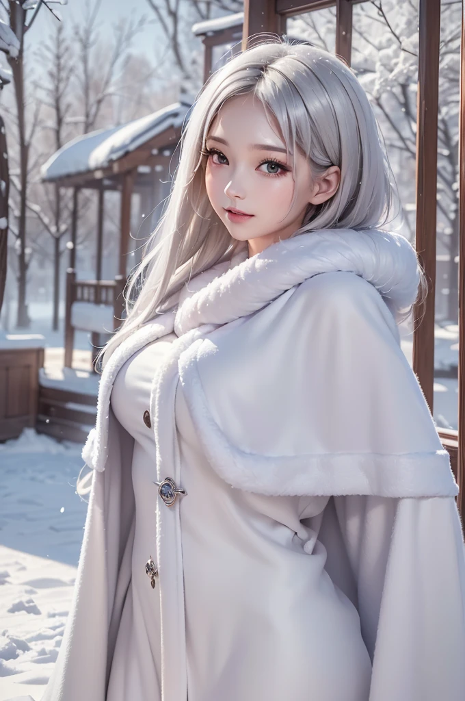 ((masterpiece:1.5、8k、Portraiture、Photorealistic and very detailed CG、Very detailed、Particle Effects、Dynamic Effects、Shallow depth of field、Cinematic Light、Lens flare、Ray Tracing、Tabletop、Realistic:1.4、Ultra-high resolution:1.2、Realistic、Realistic))((alone、,A woman wearing a cashmere coat over an off-the-shoulder dress:1.4、Elegant woman posing、Detailed face、brightexpression、young, bright, Whiter skin、Ample breasts、Best Looks、Ultimate beauty、Shiny silver hair with highlights、bright and shiny hair,、Super long, Silky straight hair、Hair dancing in the wind))(morning、The setting is outdoors in the snow、Surrounded by illuminations). winter girl. face:sweet girl.
