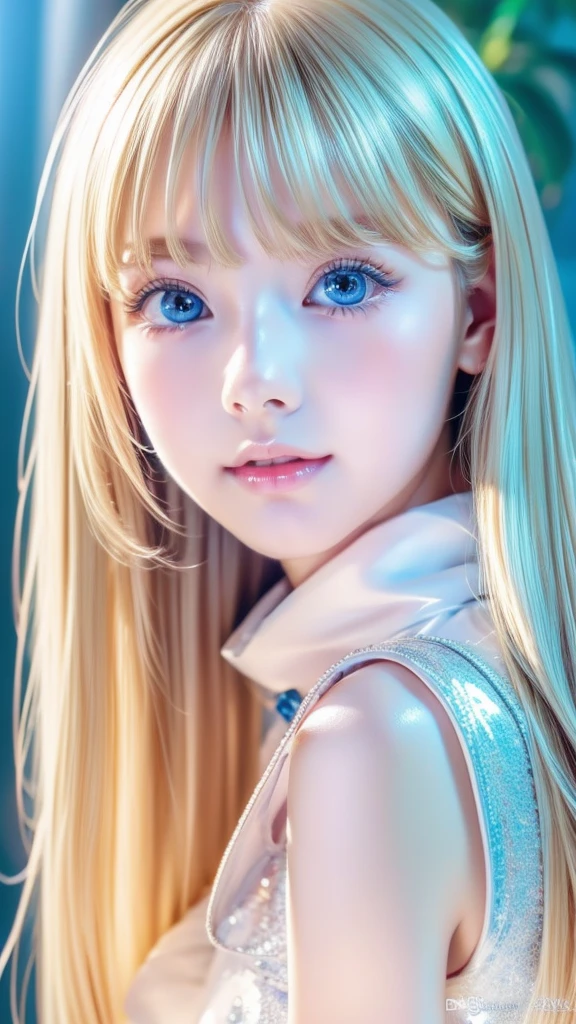  high quality、最 high quality、 photorealistic、Original photo、 real、超 real8K CG、Super detailed、 high definition、masterpiece、1 Girl、Long Hair、 blond hair、 blue eyes 、 Detailed Face and Eyes 、 close-up、 intricate details 、 detailed textures、details、details、A perfectly beautiful face、 messy silky beautiful blonde 、 beautiful cute 19 year old girl 、very beautiful beautiful bright pale sky blue big eyes 、 very super long beautiful blonde silky shiny hair 、long beautiful bangs 、Very big eyes、Small Face Beauty、 eyeliner 、Very white shiny skin、Gloss Face、Cheek gloss、Hair above the eyes、片Hair above the eyes、 Hair Between Your Eyes、