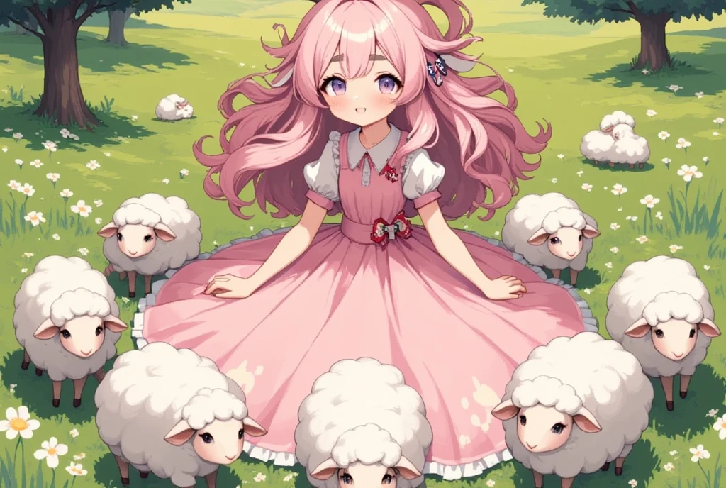 bill:1.5,  woman in a fluffy dress  , 1 female, Sheepskin ,  pink fluffy hair in an oval, Long Hair,  sheepskin hair  , Pink Hair,  thick eyebrows, Big Eyes， Sheep's ear, Sheep gather and become letters, "Thank you for 10k views":1.5, grassland:1.5, from above:1.3, UHD, masterpiece, best quality, high details:1.4, Incredible resolution