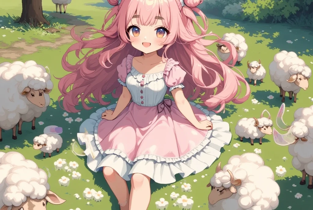 bill:1.5,  woman in a fluffy dress  , 1 female, Sheepskin ,  pink fluffy hair in an oval, Long Hair,  sheepskin hair  , Pink Hair,  thick eyebrows, Big Eyes， Sheep's ear, Sheep gather and become letters, "Thank you for 10k views":1.5, grassland:1.5, from above:1.3, UHD, masterpiece, best quality, high details:1.4, Incredible resolution