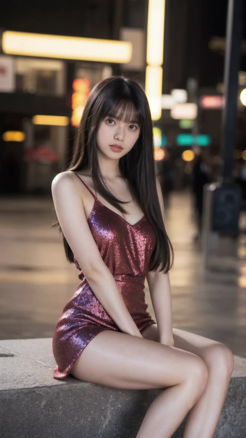 1girl,(wearing a red glittery evening mini dress:1.2),((loose strap)),(RAW photo, best quality), (realistic, photo-realistic:1.4), masterpiece, an extremely delicate and beautiful, extremely detailed, 2k wallpaper, Amazing, finely detail, extremely detailed CG unity 8k wallpaper, ultra-detailed, highres, soft light, beautiful detailed girl, extremely detailed eyes and face, beautiful detailed nose, beautiful detailed eyes,cinematic lighting,city lights at night,slender body,(long hair with bangs),tight breast:1.3, full body:1.4,sitting.