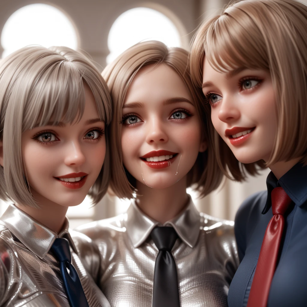 3 girls in extremely tight shiny silver metallic blouse,Necktie, Light brown hair, bob cut, Make-up, smile, Lens reflection, Reflected light, salivafluss, salivaspur, Red lips, saliva, Wide angle, Kubrick-Starren, 