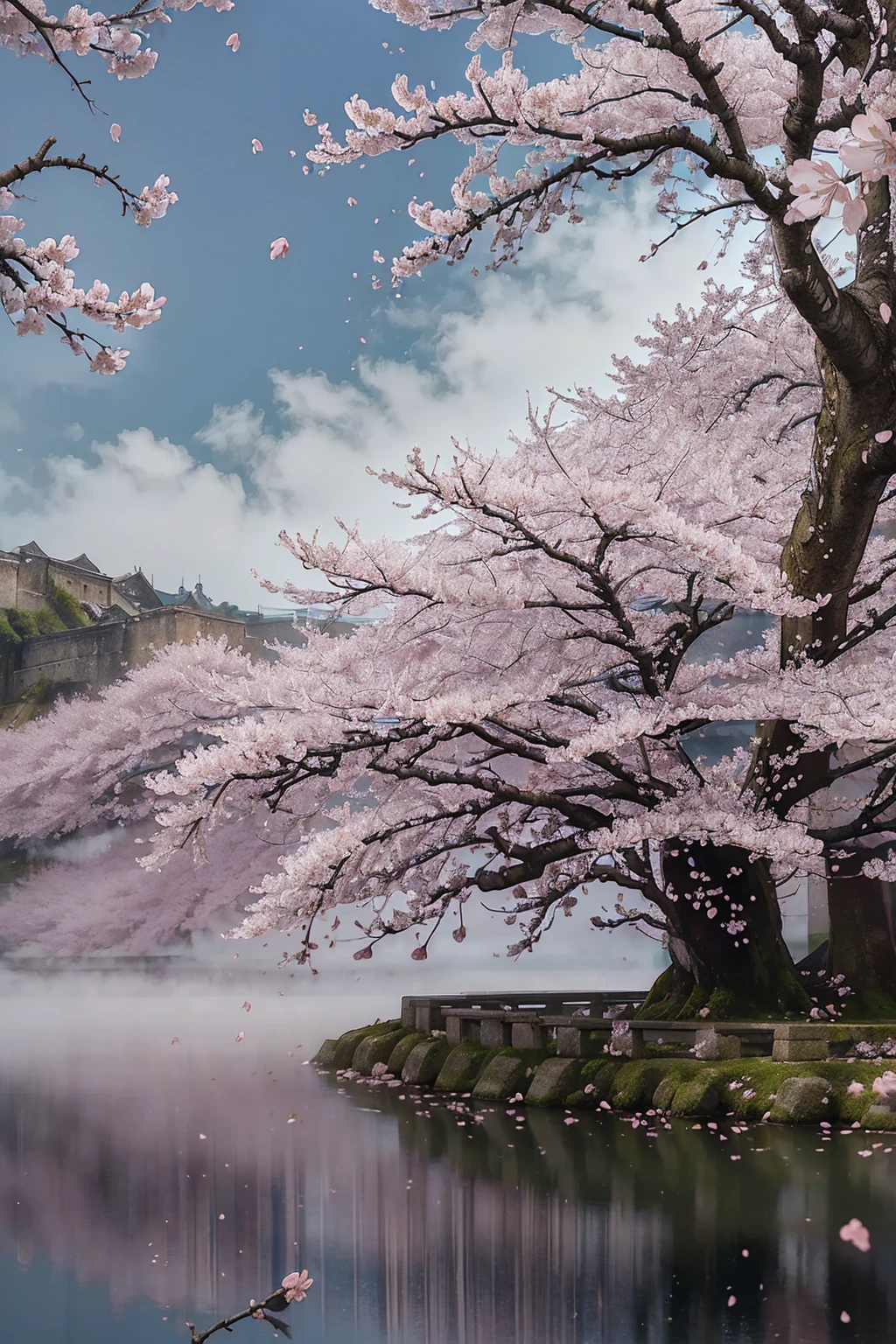 ((masterpiece, Best Quality,  Highest quality ,  high definition,  photorealistic,  RAW Photos, 8k)), ((  Highly Detailed CG Unified 8K Wallpaper  )), Old Castle at Night ,  Cherry Blossom Trees Planted Along the Moat 々 Illuminated by torches and bewitchingly colored ,  Cherry blossoms reflected on the surface of the water create a fantastic atmosphere ,  Big Moon Floating in a Dark Sky , ( Cherry blossom petals are scattered in the fog surrounding:1.5),  Fine Petals and Water Texture ,  Castle Silhouette Illuminated by Moonlight ,