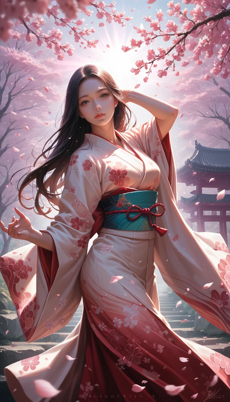 a beautiful goddess of dance in japanese mythology, 1girl, intricate detailed kimono, detailed beautiful face, long hair, graceful pose, dancing, cherry blossom petals, dramatic lighting, glowing aura, digital art, highly detailed, cinematic, vibrant colors, photorealistic, masterpiece