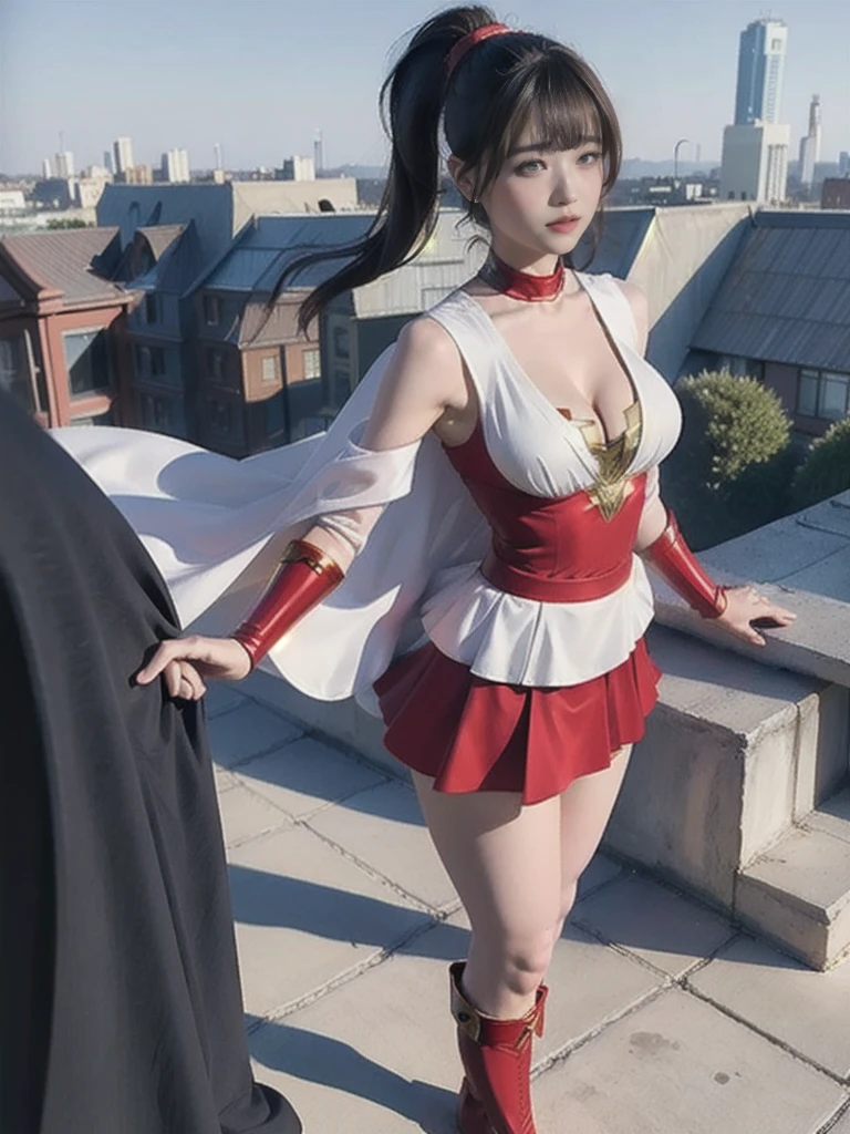 masterpiece, best quality,  mary marvel, white cape, red dress, red skirt, long sleeves, bracer, large breasts, looking at viewer, cityscape, rooftop, cleavage、 (between breasts), yellow boots, ponytail
