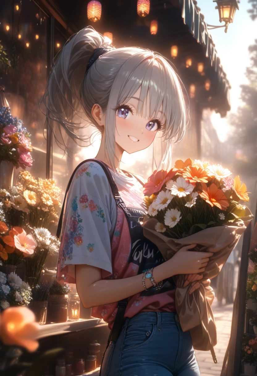 anime, 28 year old girl, ( Maximum Quality :1.3),  Wearing a ,  style long gray hair,  Ponytail hairstyle ,  Fashion Print T-shirt , Lightweight Jeans ,  Laced sneakers ,  Wrist Hat Bracelet,  Background Street with Lanterns ,  sunny day , rays of the sun,  Beautiful Flower Shop , bright colors, beautiful smile, (masterpiece :1.2), (Complex details 1.3), 8 k, Shine,  Sparkling Window Reflections , 