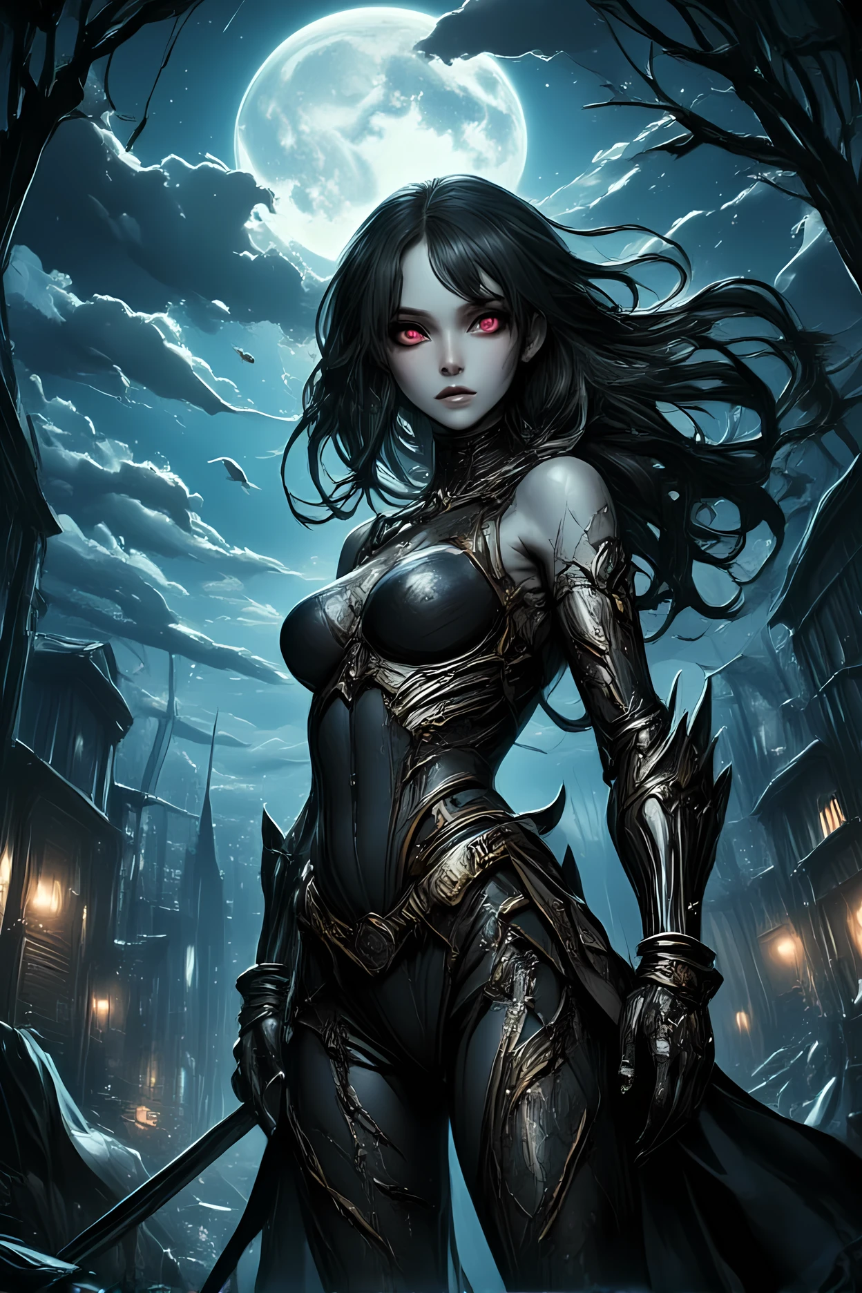score_9, score_8_up, score_7 , Arafed, dark fantasy art, gothic art, a picturק of a vampire ready for battle, female vampire, glowing eyes, vampire fangs, armed with a sword, wearing heavy armor , armed with a sword, shining sword, ultra detailed face (intricate detailed, Masterpiece, best quality: 1.4), pale skin, glowing eyes, red eyes, ultra feminine, pale skin, dynamic hair, dark fantasy urban street (intricate detailed, Masterpiece, best quality: 1.4), moon light, star light, clouds, ral-ertmsphr, hyp3rd3tail style