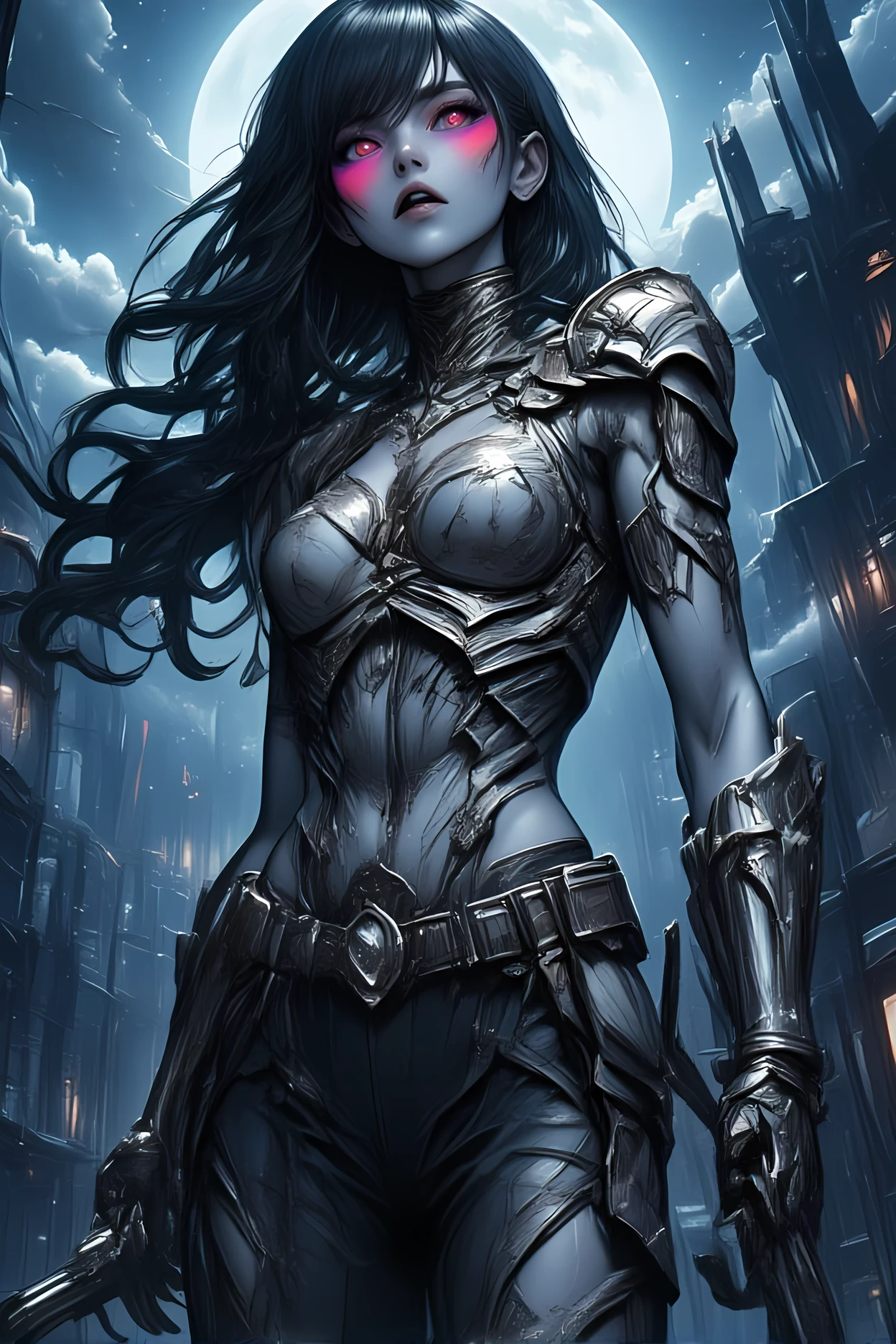 score_9, score_8_up, score_7 , Arafed, dark fantasy art, gothic art, a picturק of a vampire ready for battle, female vampire, glowing eyes, vampire fangs, armed with a sword, wearing heavy armor , armed with a sword, shining sword, ultra detailed face (intricate detailed, Masterpiece, best quality: 1.4), pale skin, glowing eyes, red eyes, ultra feminine, pale skin, dynamic hair, dark fantasy urban street (intricate detailed, Masterpiece, best quality: 1.4), moon light, star light, clouds, ral-ertmsphr, hyp3rd3tail style
