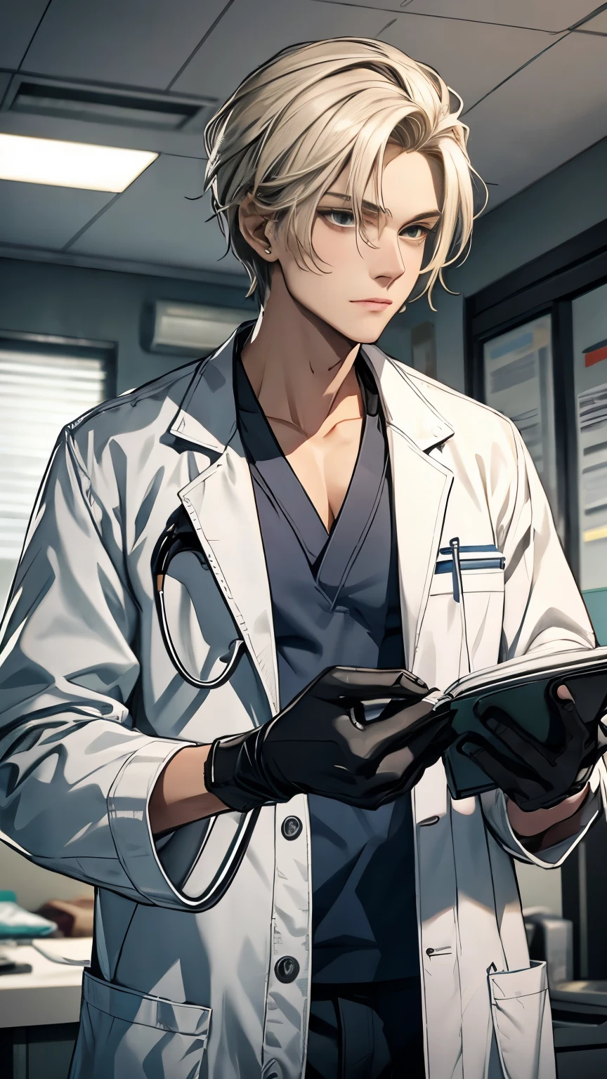 (One beautiful man), mouth slightly open, blushing, (shot hair), beautiful eyes, glowing skin, doctor's coat, stethoscope, coat/shirt/scrubs, surgical mask, pants, white gloves, examining room, clinic, Digital painting, 8K, Best quality, ultra-detailed