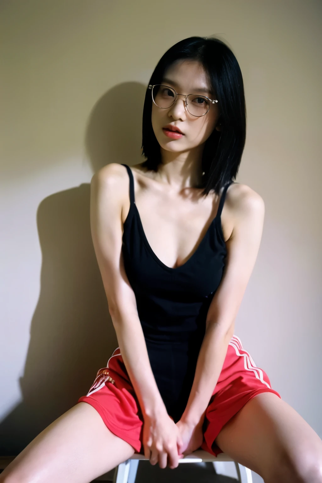 cute face, (highres,masterpiece:1.2),ultra-detailed,realistic,professional,beautiful detailed eyes,beautiful detailed lips,dark hair,short black hair,red glasses,stunning black eyes,clear skin,18-year-old girl,fashionable short hairstyle,vibrant red glasses,Shinobi Academy,fierce determination,confident posture,crimson outfit, background filled with ninjutsu techniques,shadows cleverly accentuating her features,subtle studio lighting,sublime realism,striking color tones, arm up, dynamic pose,  medium breasts,  spread legs..