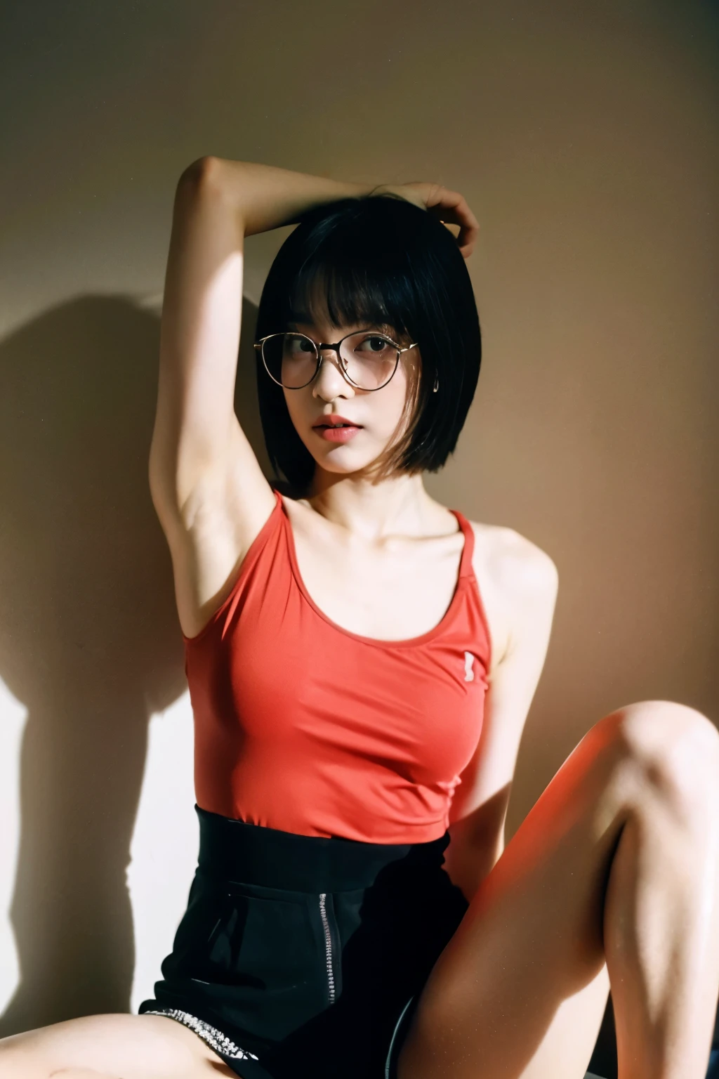 cute face, (highres,masterpiece:1.2),ultra-detailed,realistic,professional,beautiful detailed eyes,beautiful detailed lips,dark hair,LONG black hair WITH BANG,red glasses,stunning black eyes,clear skin,18-year-old girl,fashionable short hairstyle,vibrant red glasses,Shinobi Academy,fierce determination,confident posture,crimson outfit, background filled with ninjutsu techniques,shadows cleverly accentuating her features,subtle studio lighting,sublime realism,striking color tones, arm up, dynamic pose, medium breasts, spread legs..