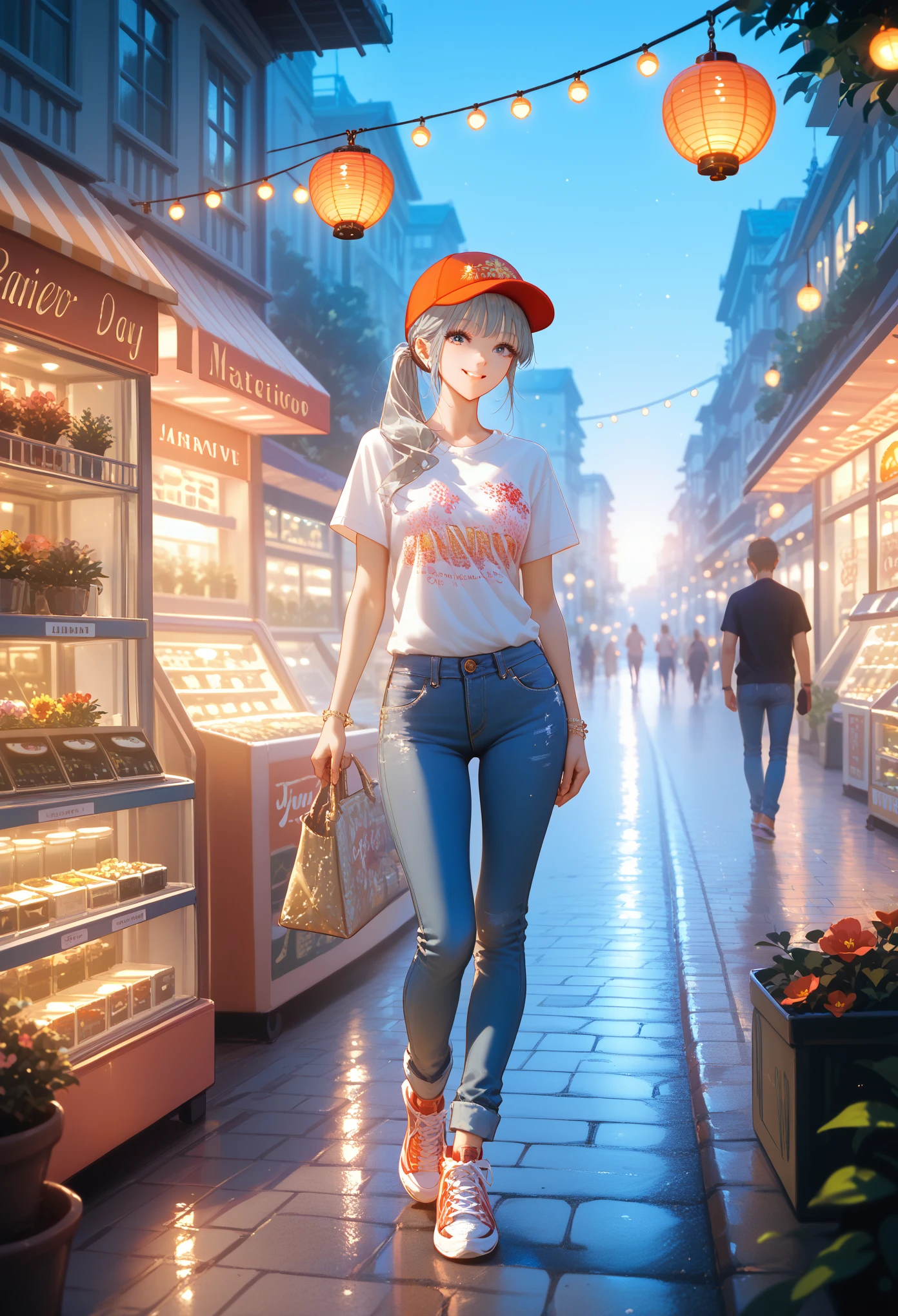 anime, 28 year old girl, ( Maximum Quality :1.3),  Wearing a ,  style long gray hair,  Ponytail hairstyle ,  Fashion Print T-shirt , Lightweight Jeans ,  Laced sneakers ,  Wrist Hat Bracelet,  Background Street with Lanterns ,  sunny day , rays of the sun,  Beautiful Flower Shop , bright colors, beautiful smile, (masterpiece :1.2), (Complex details 1.3), 8 k, Shine,  Sparkling Window Reflections , 