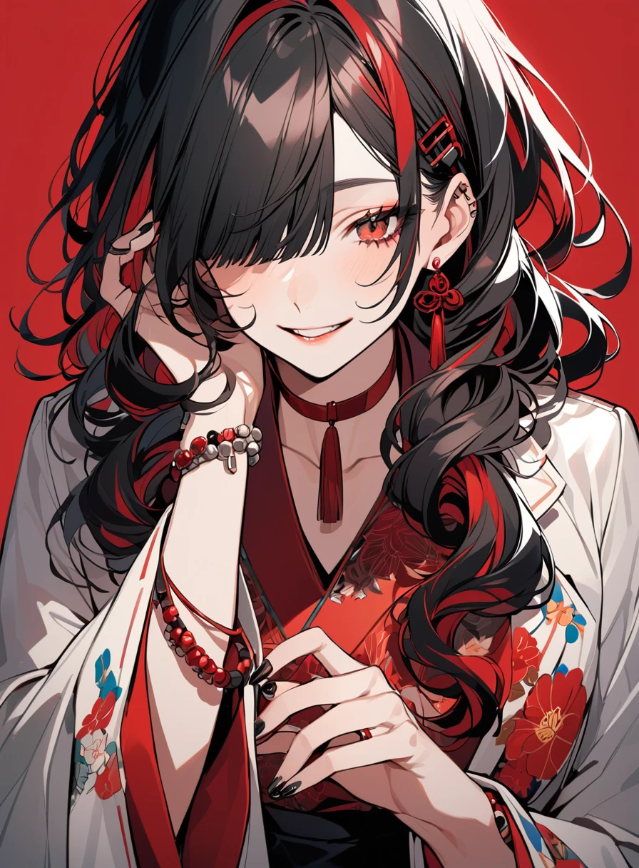 Vox ,Alone,Long Hair, ,smile, opens her mouth,bangs,shirt, Black Hair , hair ornament,One person, jewelry, jacket,Eyes, upper body,  Male Focus ,Red Hair,multicoloRed Hair, earrings for a woman alone,teeth, choker, hair clip that invites you with your hand,collared shirt,curly hair,kimono,Manicure,Hair over the eyes, bracelet,Striped Hair,dress shirt,compensate,button,tooth,Floral print,white  jacket,red shirt,Tassel,black nail ,Red background, eyeshadow,beads,シングル earrings for a woman alone,red  choker,bead  bracelet,Tassel  earrings for a woman alone,red  eyeshadow,