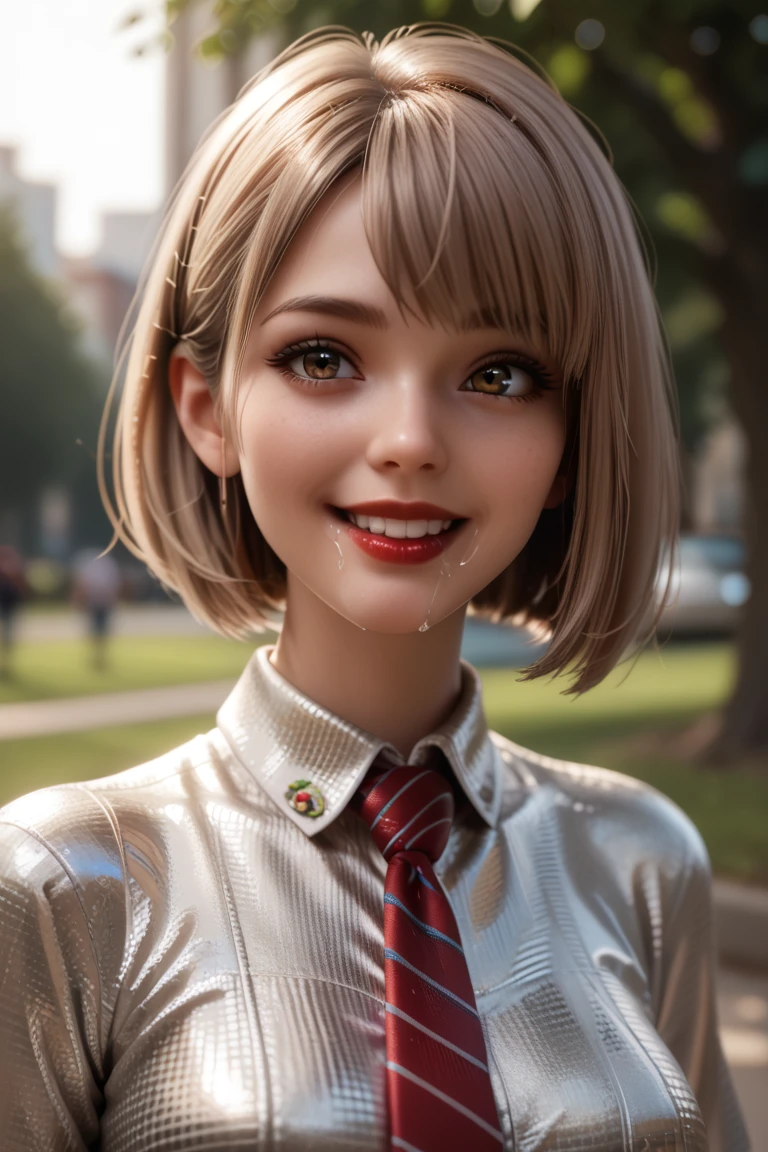 1 girl in extremely tight shiny brown metallic blouse,Necktie, Light brown hair, bob cut, Make-up, smile, Lens reflection, Reflected light, salivafluss, salivaspur, Red lips, saliva, Wide angle, are in the park,