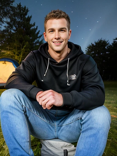 ((masterpiece)), absurd res, perfect face, black hoody, jeans, relaxing around campsite,smirk, looking at viewer, evening, 