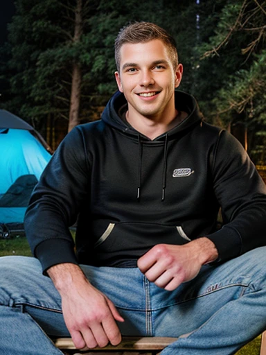 ((masterpiece)), absurd res, perfect face, black hoody, jeans, relaxing around campsite,smirk, looking at viewer, evening, 