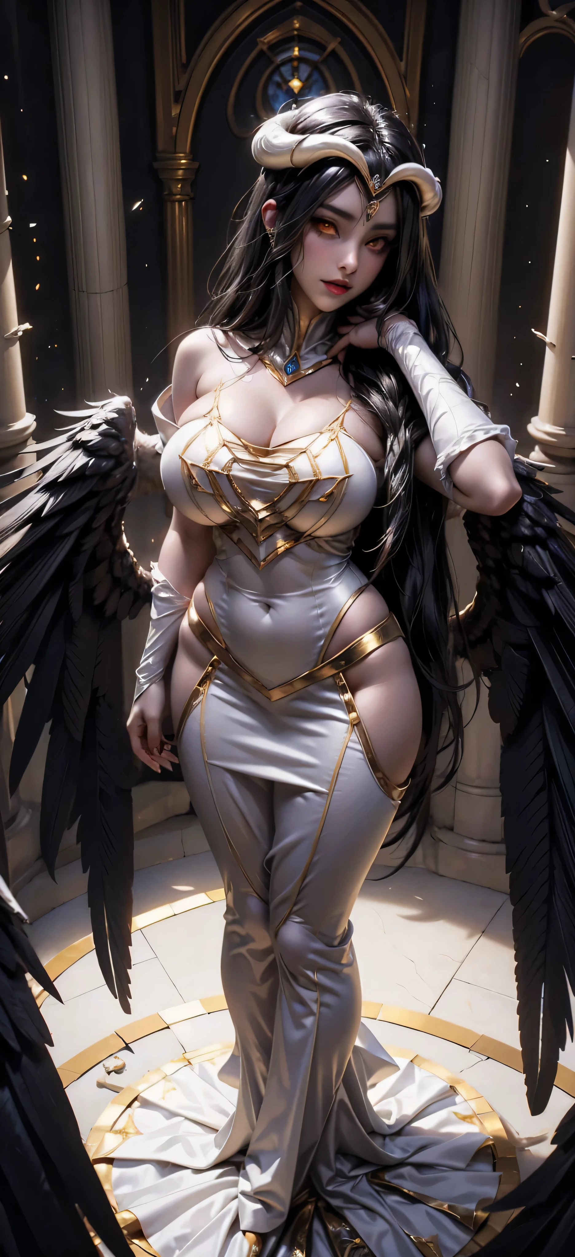 A (super realistic) beautiful sexy woman(albedo _overlord) with (orange eyes with perfect detailing) and white attire(detailed) with gold jewellery on perfect big breast, beautiful breast, black long beautiful hair, hyper detailed black  wings , (full body)(wallpaper pose)(standing in middle with complete face visible)(every thing with best detailing)