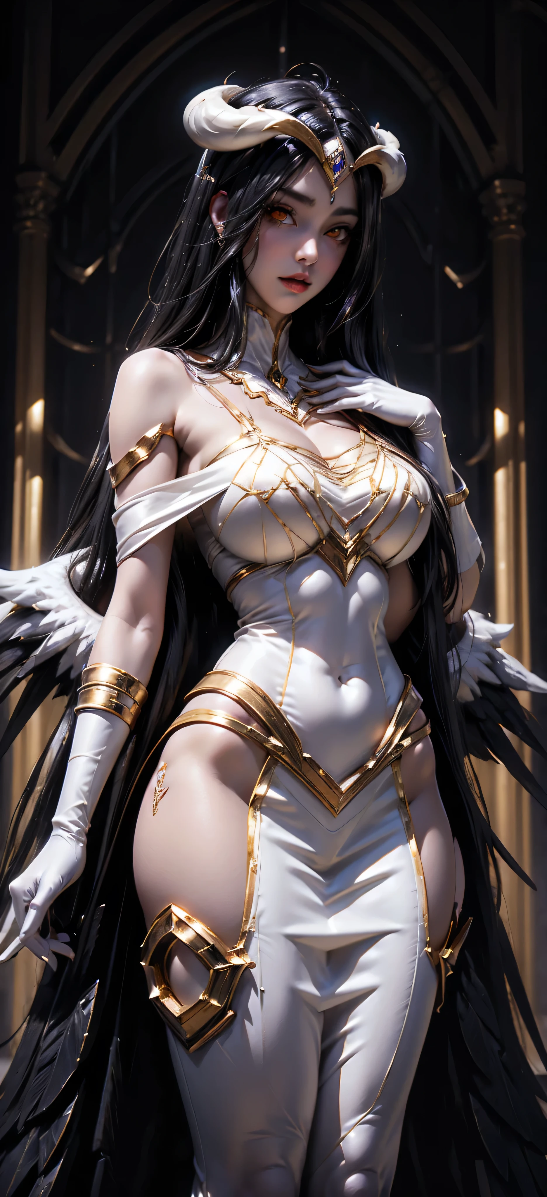 A (super realistic) beautiful sexy woman(albedo _overlord) with (orange eyes with perfect detailing) and white attire(detailed) with gold jewellery on perfect big breast, beautiful breast, black long beautiful hair, hyper detailed black  wings , (full body)(wallpaper pose)(standing in middle with complete face visible)(every thing with best detailing)